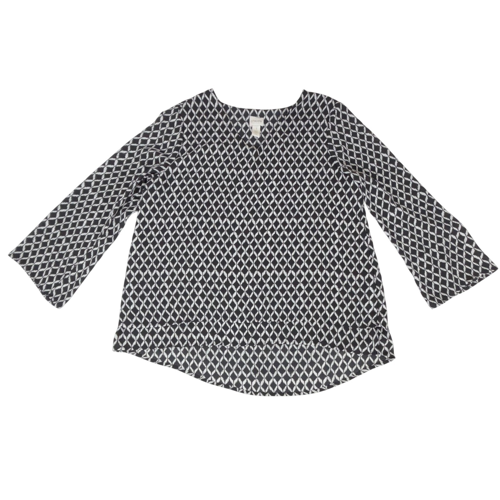 Chicos Blouse Size 1 or Medium Black White Ikat V-Neck Tunic High-Low Layered