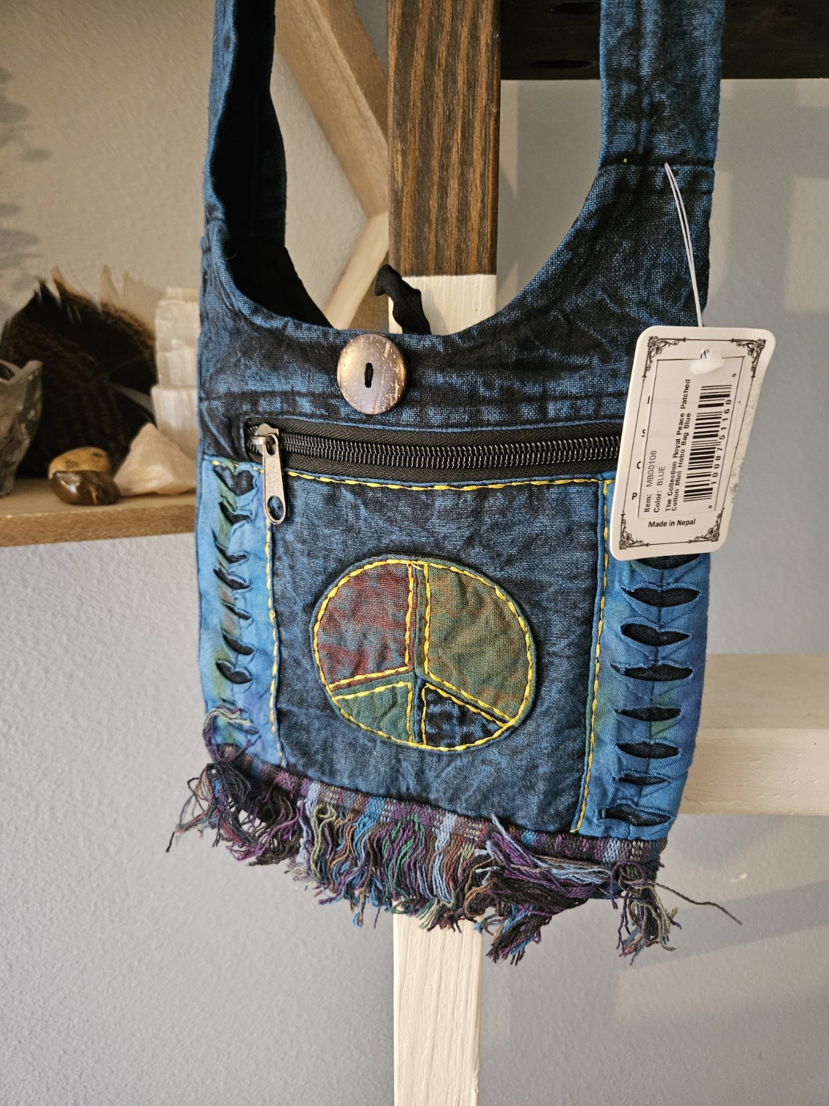 NWT The Collection Royal Boho Peace Sign Crossbody Bag Fringed Nepal Cotton Blue