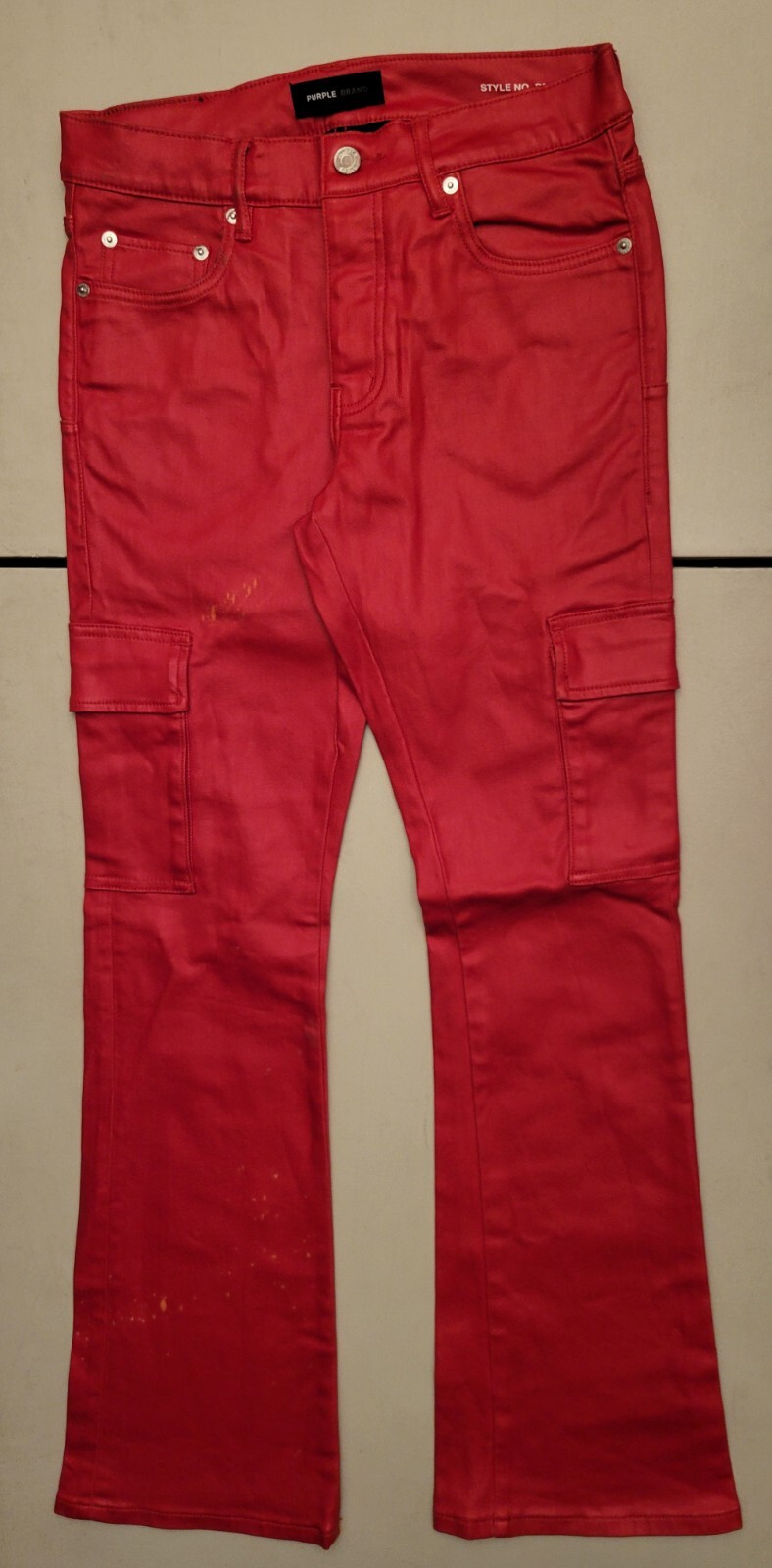 Purple Brand P004 Cargo Flared Jeans Men 30×30 Patent Film Red Designer