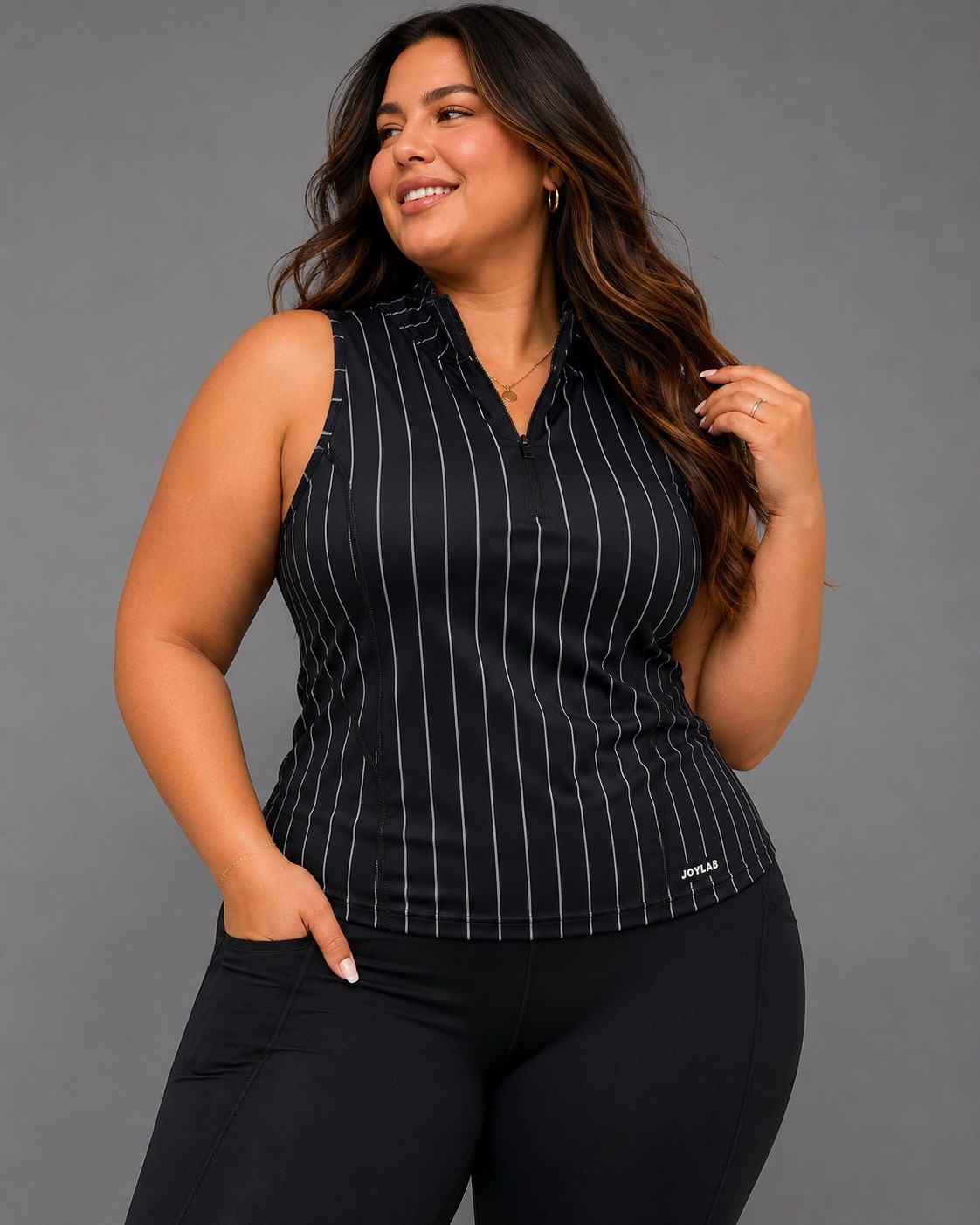 JoyLab XL Black Pinstripe Sleeveless Quarter Zip Athletic Tank Top Women
