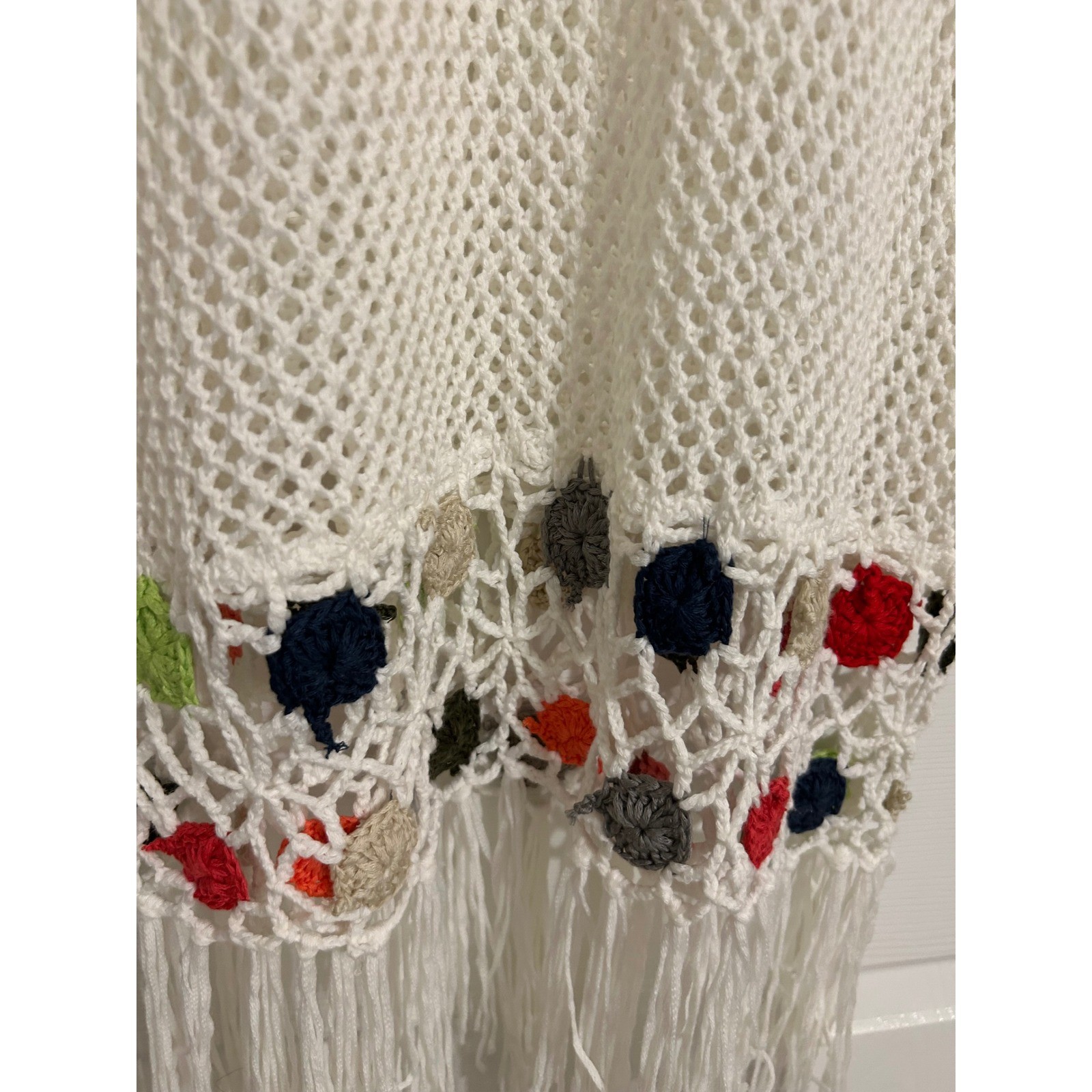 White Crochet Knit Fringe Tank Top Multi Color Floral Accent Beach Cover Up