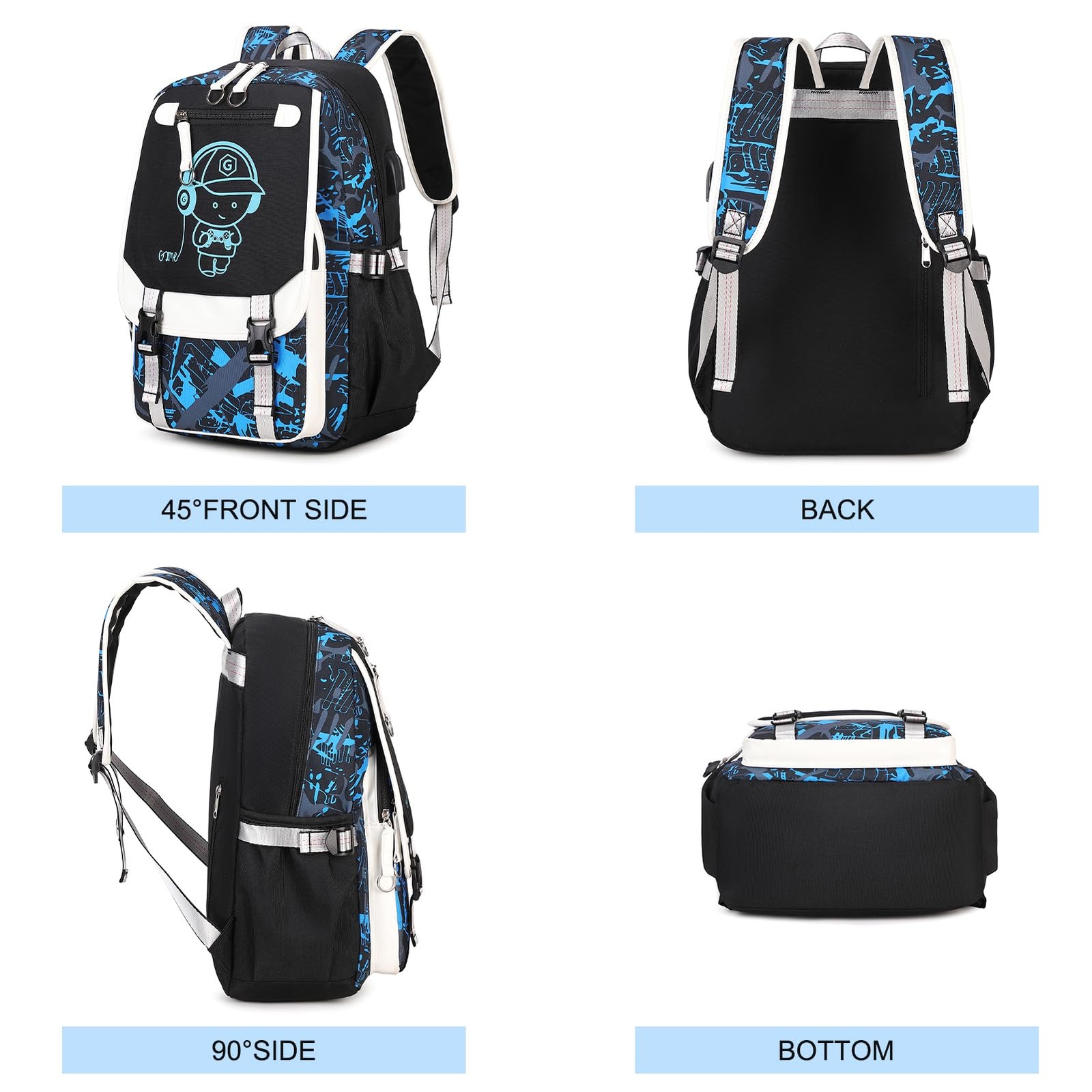 Backpack Boys Cool Luminous Lunch Box Pen Case USB Charging Port Music
