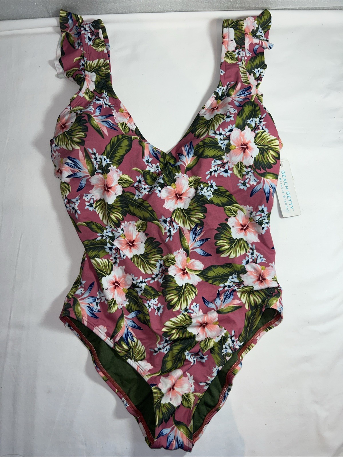 Beach Betty by Miracle Brands Women One Piece Swimsuit Pink Floral Size Large