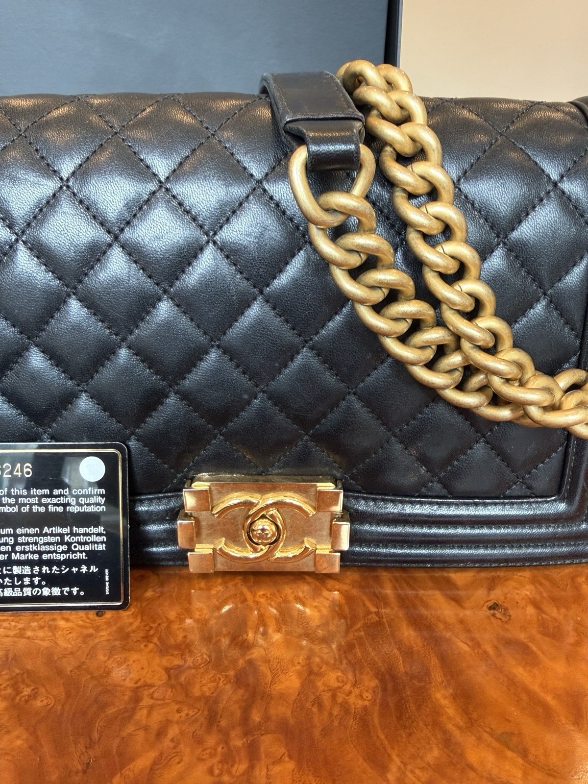 Authentic CHANEL Boy Bag Gold HW Medium Black Calfskin. Auth Card.