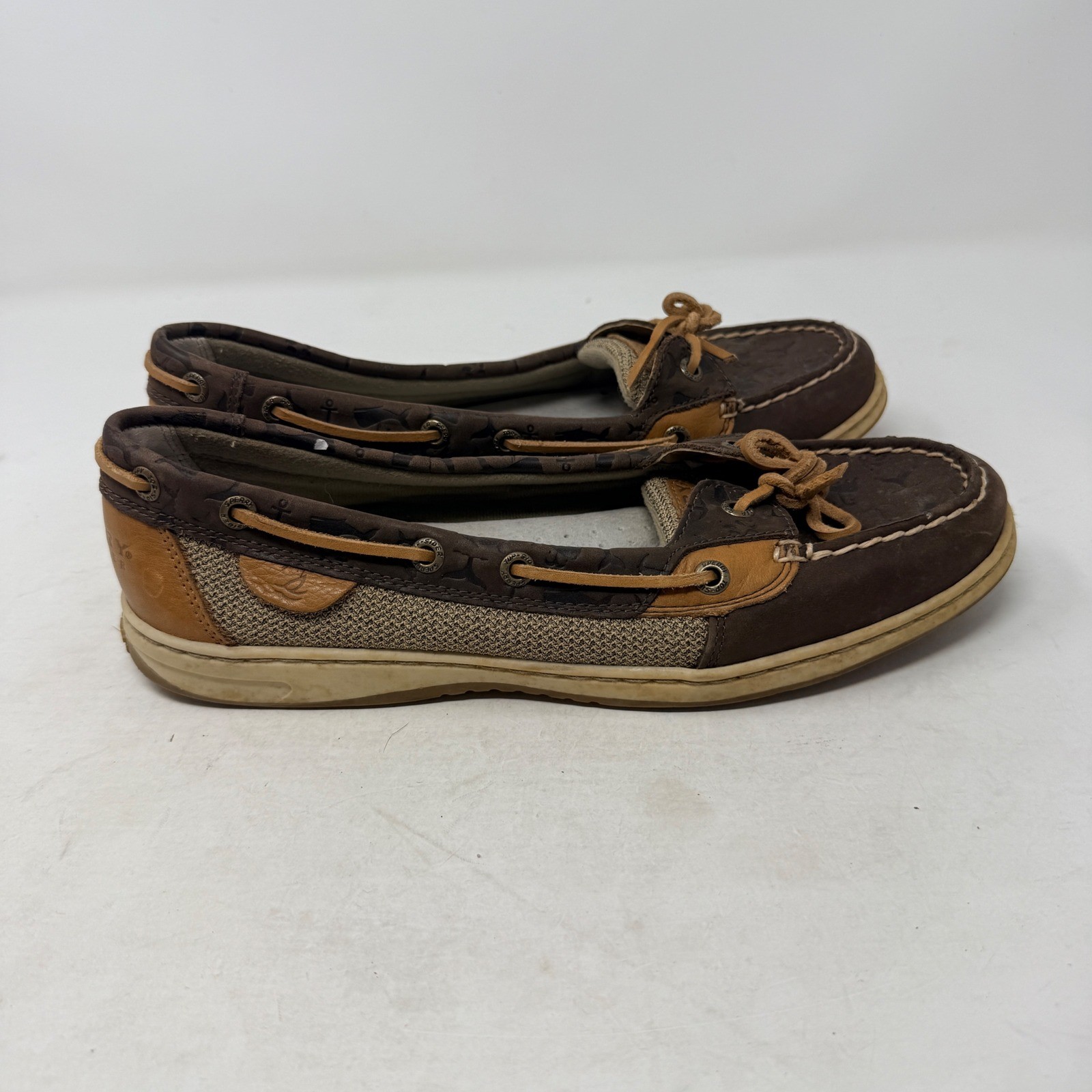 Sperry Top-Sider Brown Nautical Anchor Print Leather Mesh Boat Shoes Size 10