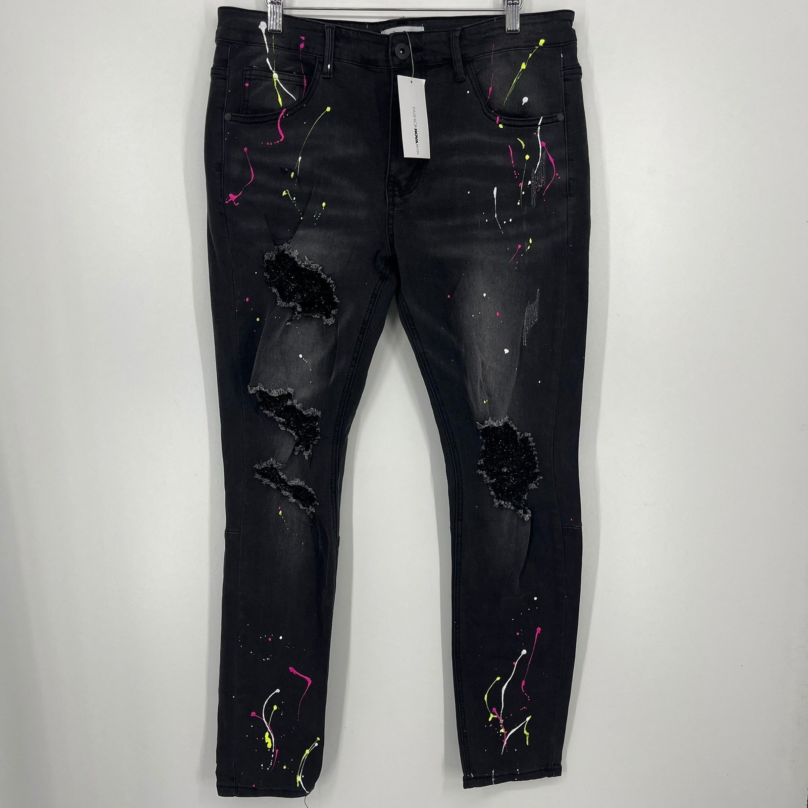 Fashion Nova Men Ballin In the City Distressed Skinny Jeans Black Paint Splatter