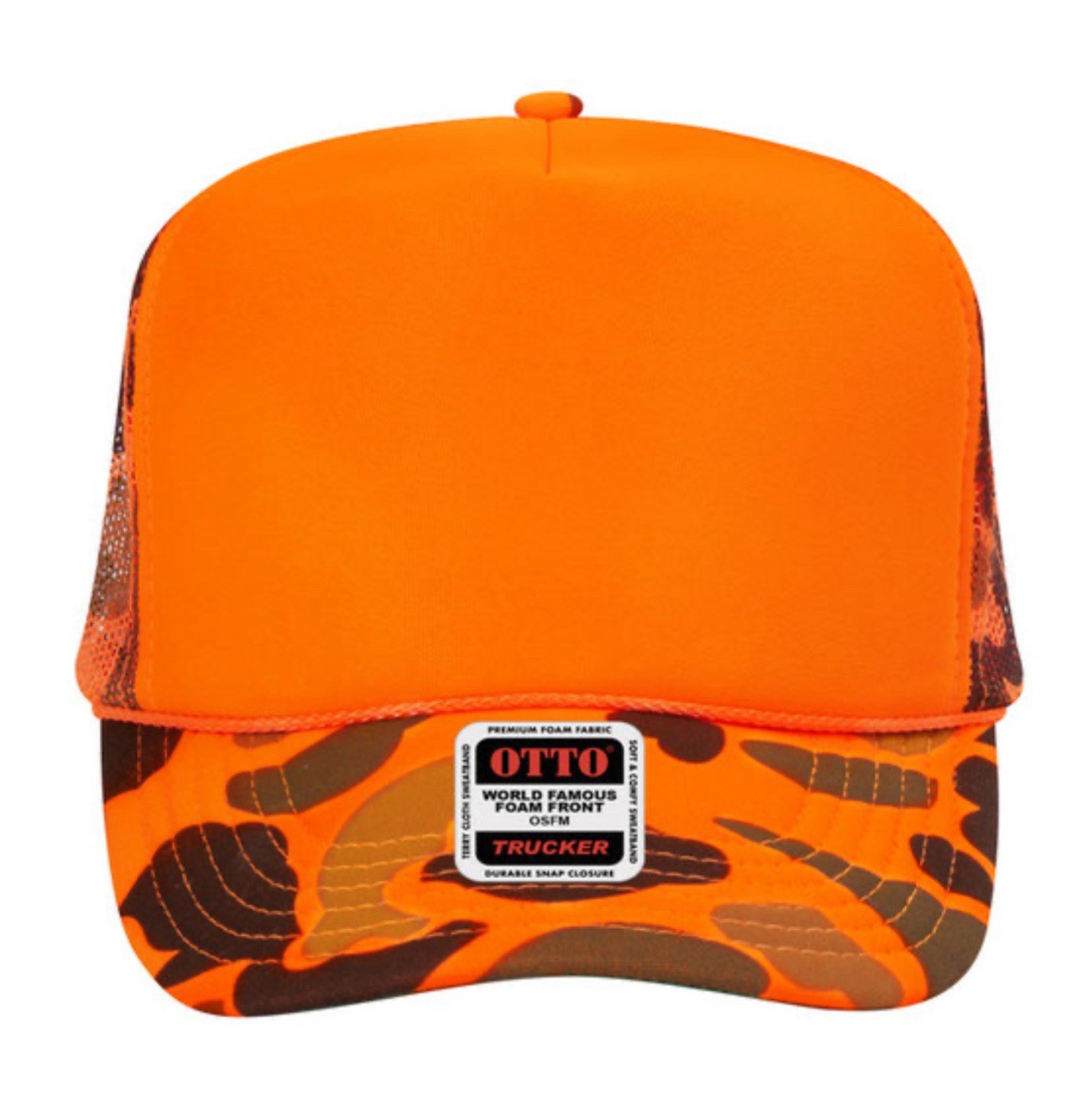 NEW OTTO CAP 39165 ORANGE CAMO HAT 5 PANEL HIGH CROWN TRUCKER SNAPBACK