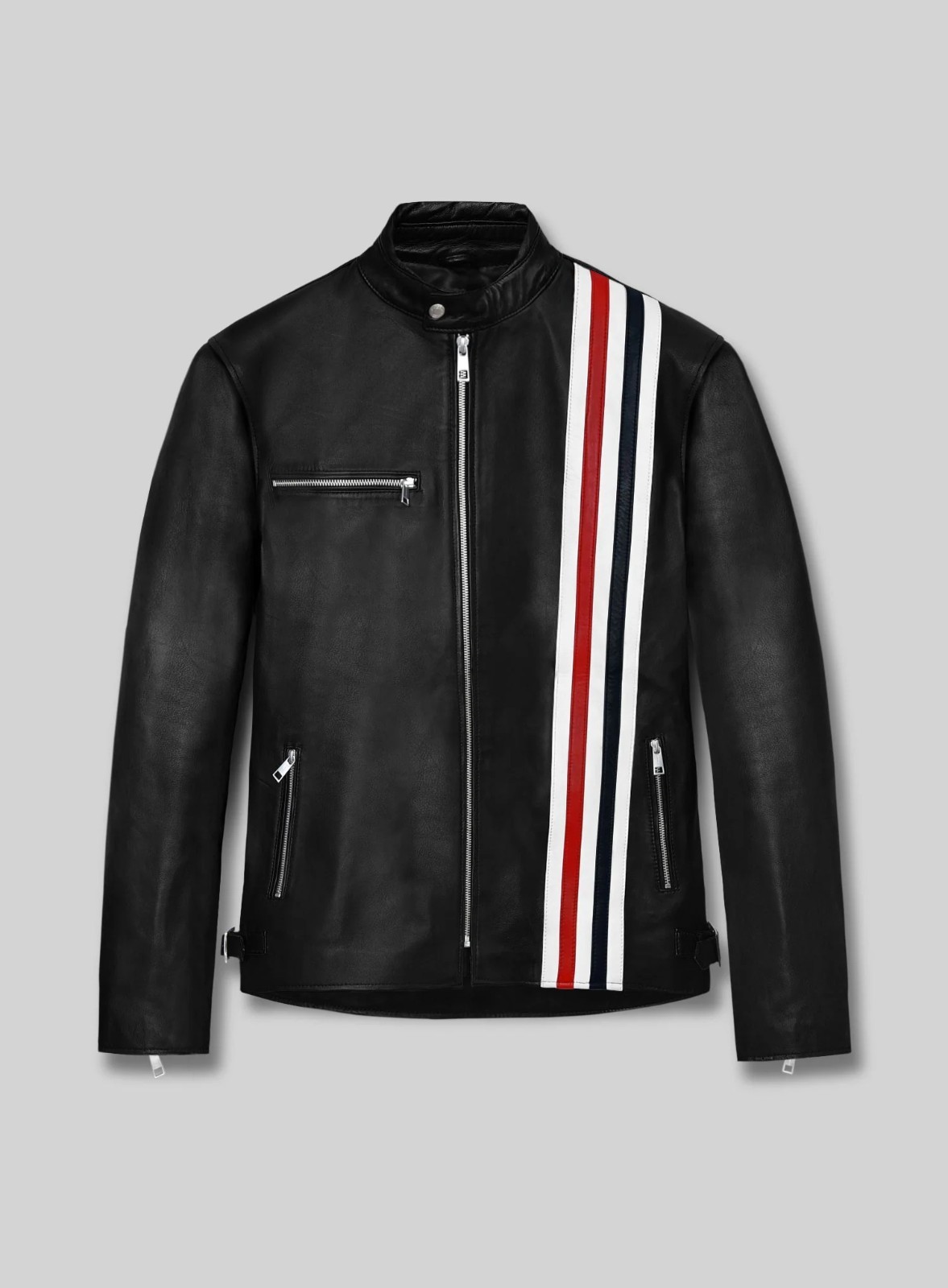 Men’s Black Leather Biker Jacket Racing Stripe Motorcycle Cafe Racer Sport Coat