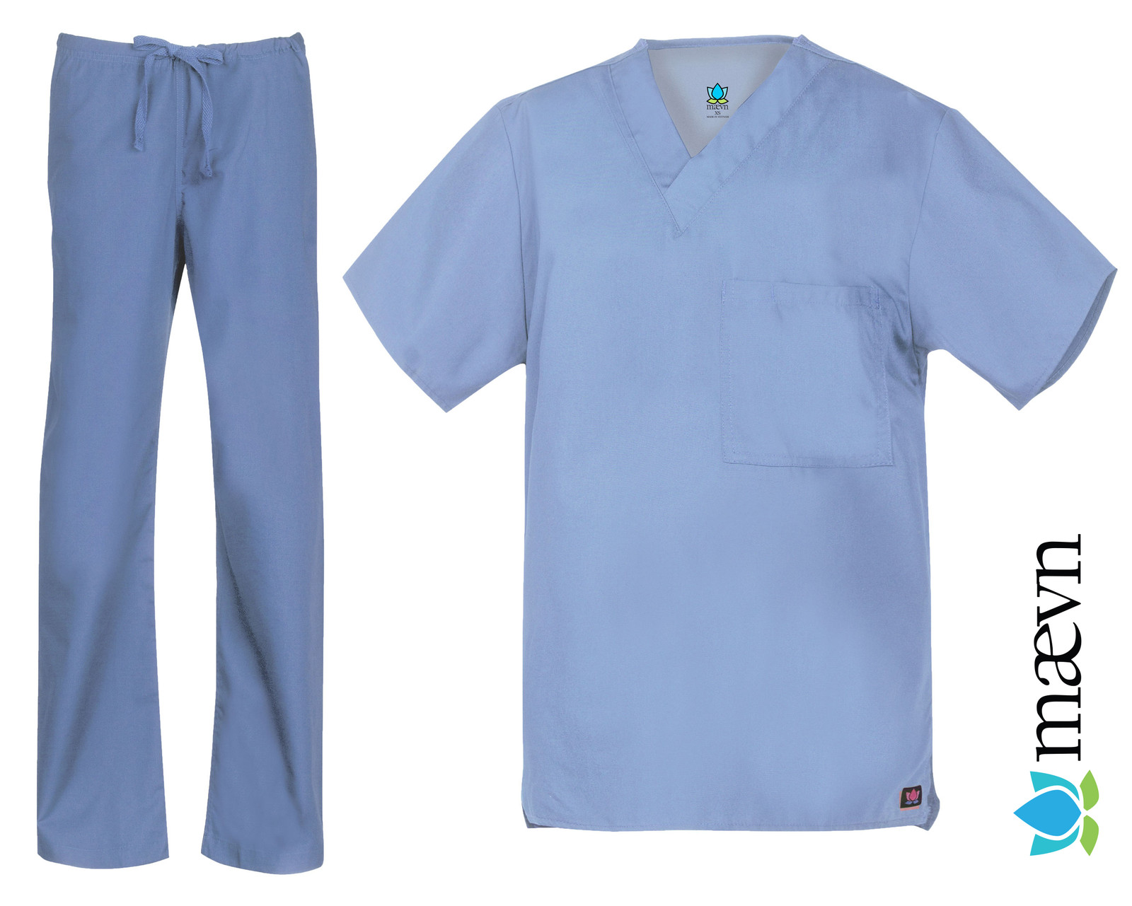 Maevn Unisex Ceil Blue Scrub Set One Pocket Top Drawstring Pants 2XS to 2XL