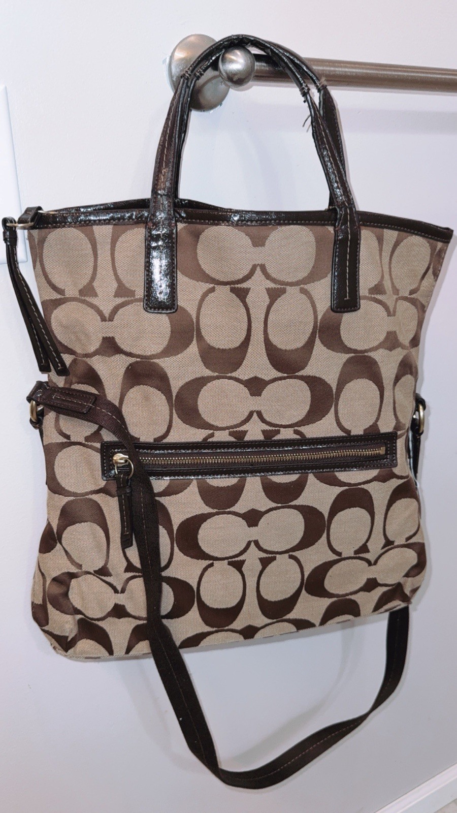 Coach Signature Stripe Foldover Tote F23304 Brown Monogram Canvas Leather Purse