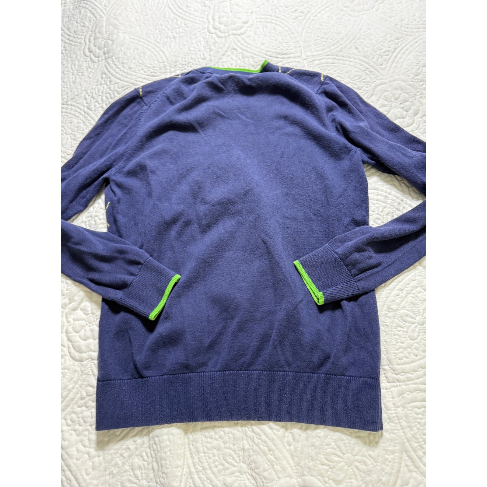 Lilly Pulitzer V-Neck Sweater Womens Large Navy Blue Argyle Gold Metallic Trim