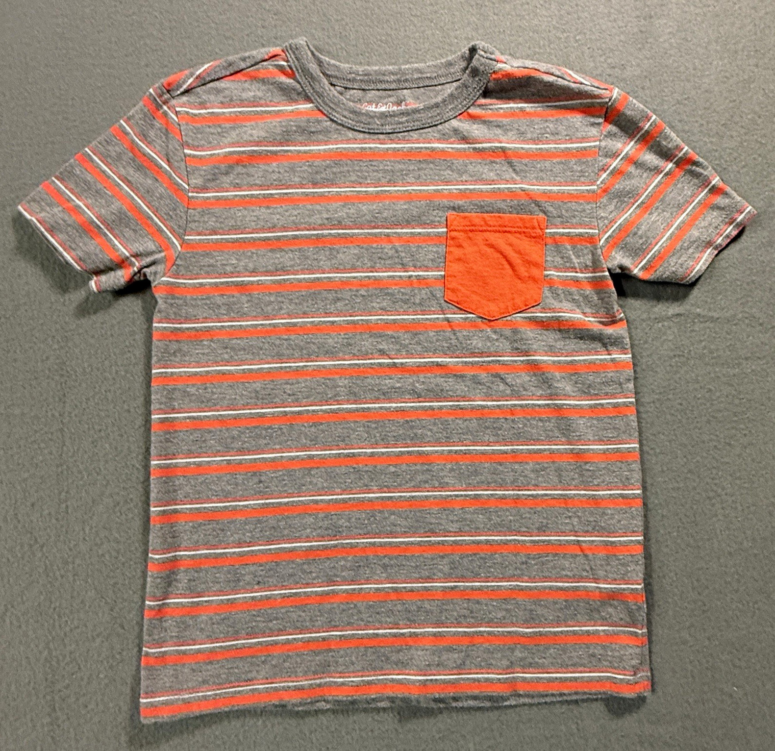 Cat & Jack Boys Gray/Orange/White Striped Pocket Crew Neck Tee S (6/7)