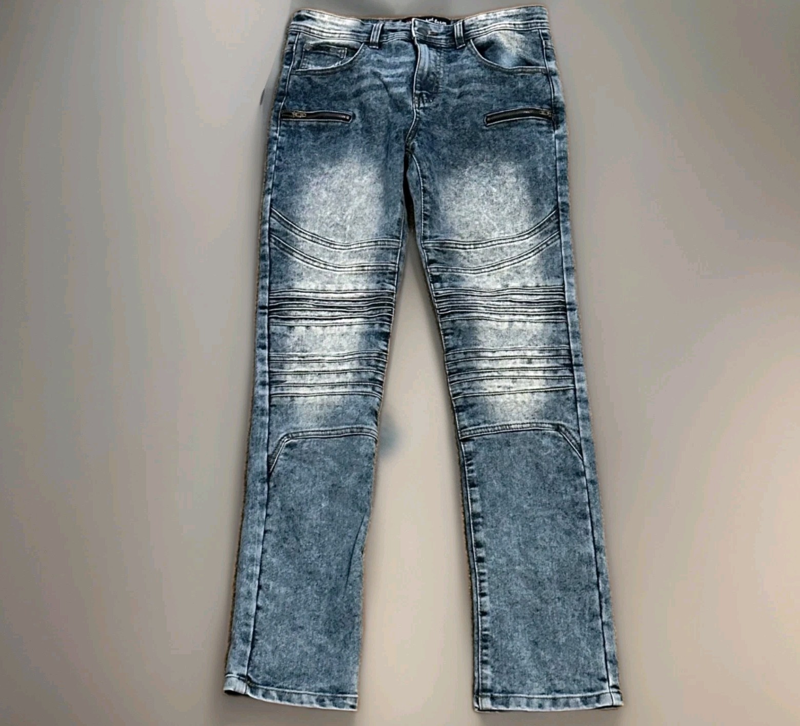 Mens Biker Jeans 30X30 Acid Wash Blue Moto Denim Ribbed Knee Zipper Slim Fit