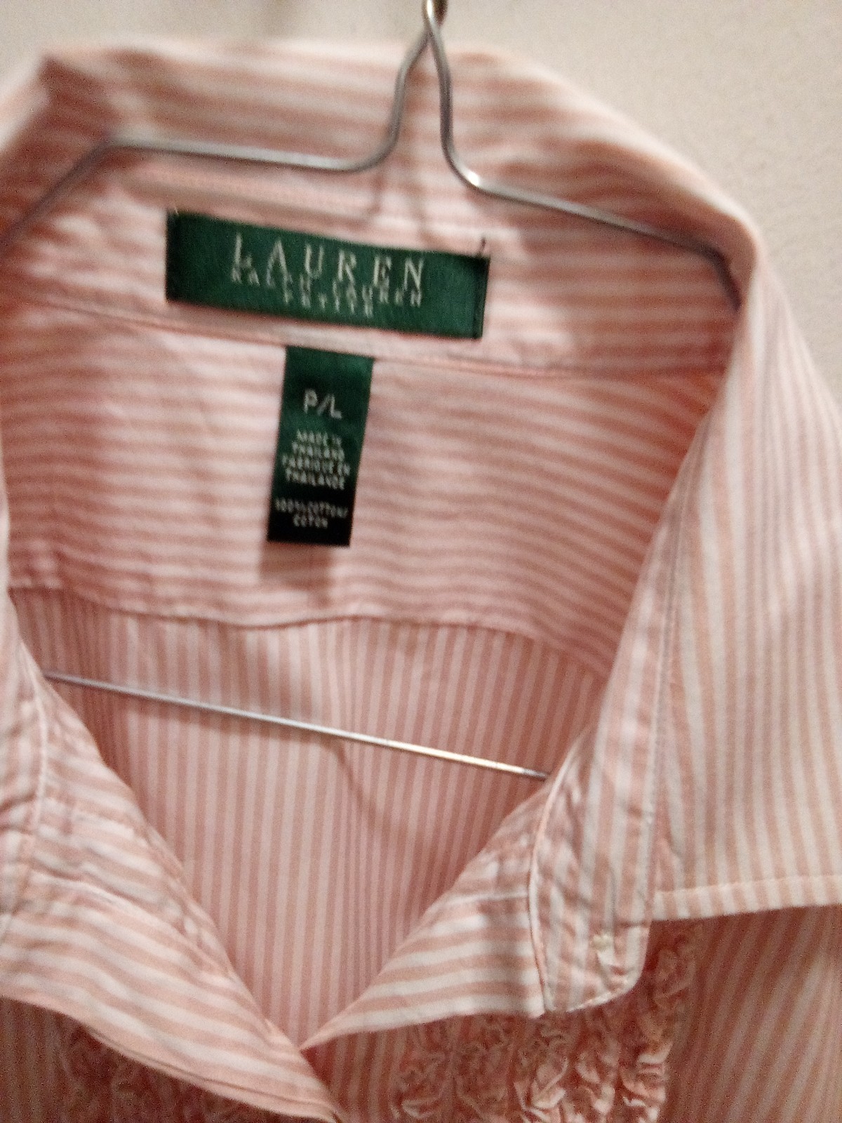 ” Lauren” Ralph Lauren Petite Pink& White Ruffle Front Cotton Shirt Blouse….