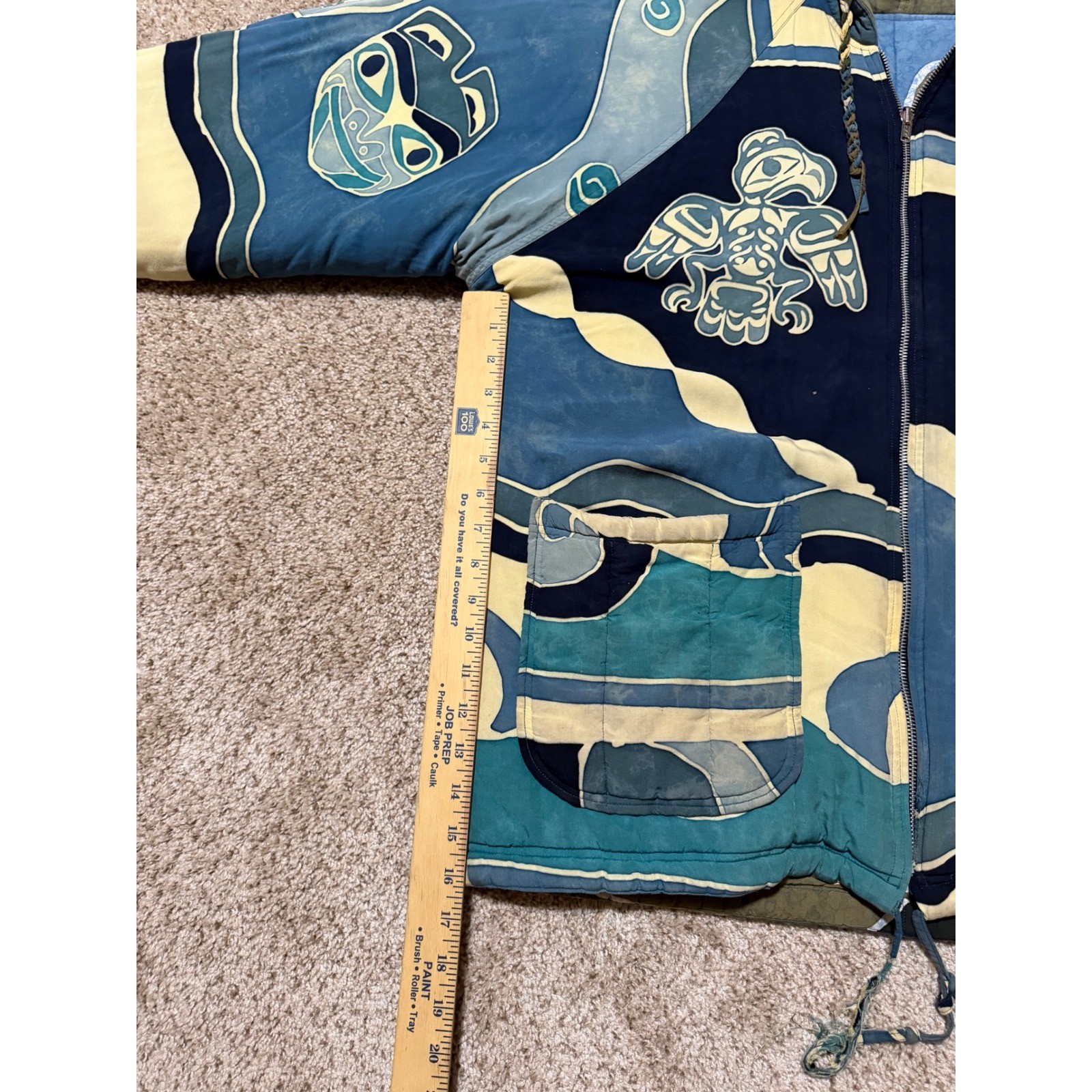 Asian Creations Jacket Mens Medium Blue Batik Eagle Mask Quilted Hooded Zip Up