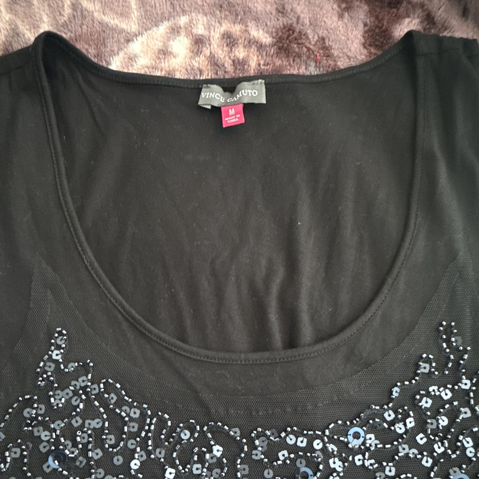 Vince Camuto Women’s Scoop Neck Sequin Mesh Sleeveless Tank Top Black M
