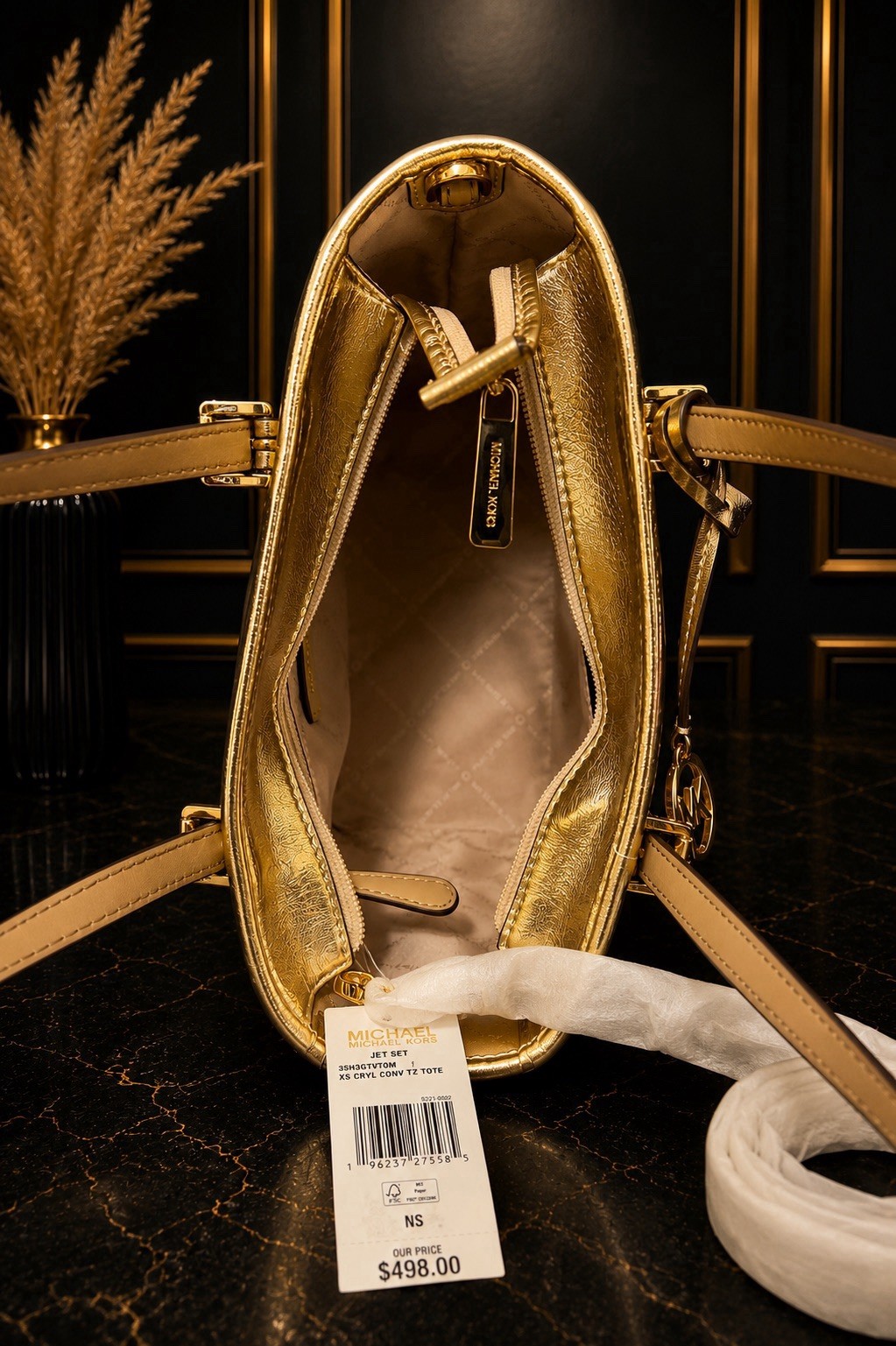Michael Kors Jet Set Gold Metallic Small Tote Satchel Zip Detachable Strap