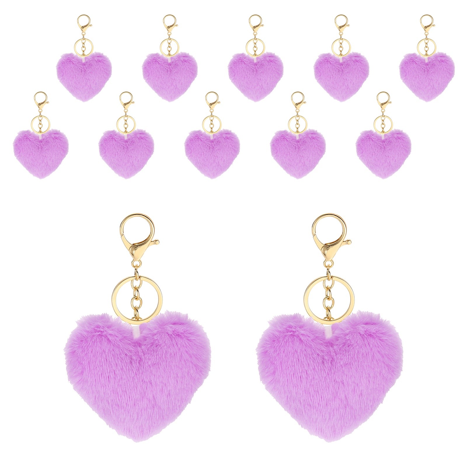 12Pcs Heart Pom Pom Keychain Faux Fur Fluffy Keyring Purple(Gold Buckle))