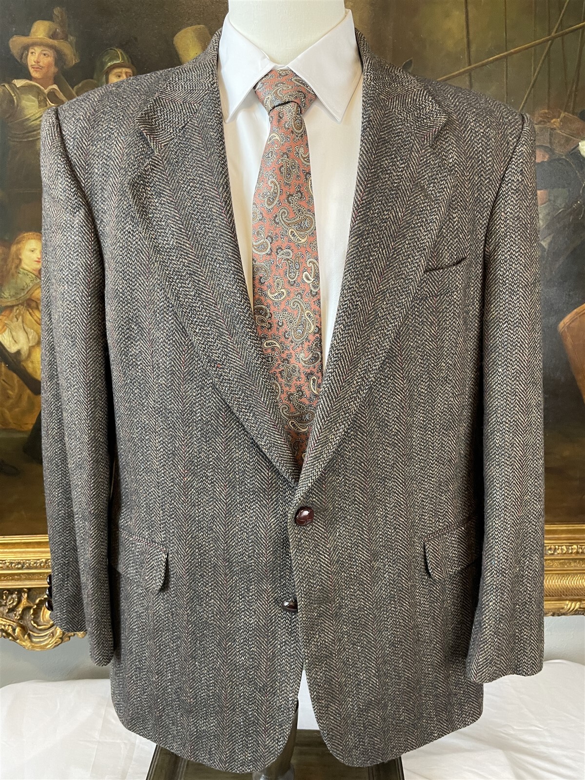 VTG Deansgate 42R Brown Wool & Lambswool Herringbone Tweed Stripe Sport Coat