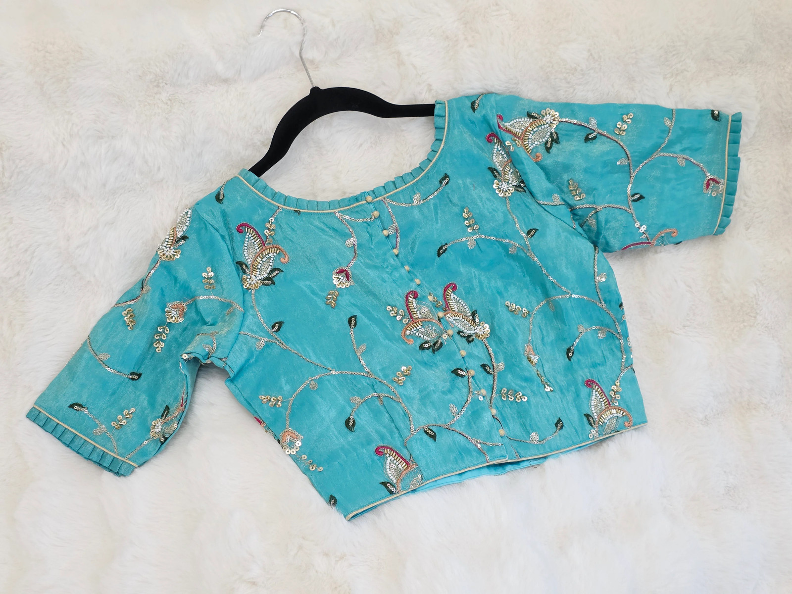 Aqua Blue Tissue Fabric Embroidered Sequins Designer Blouse