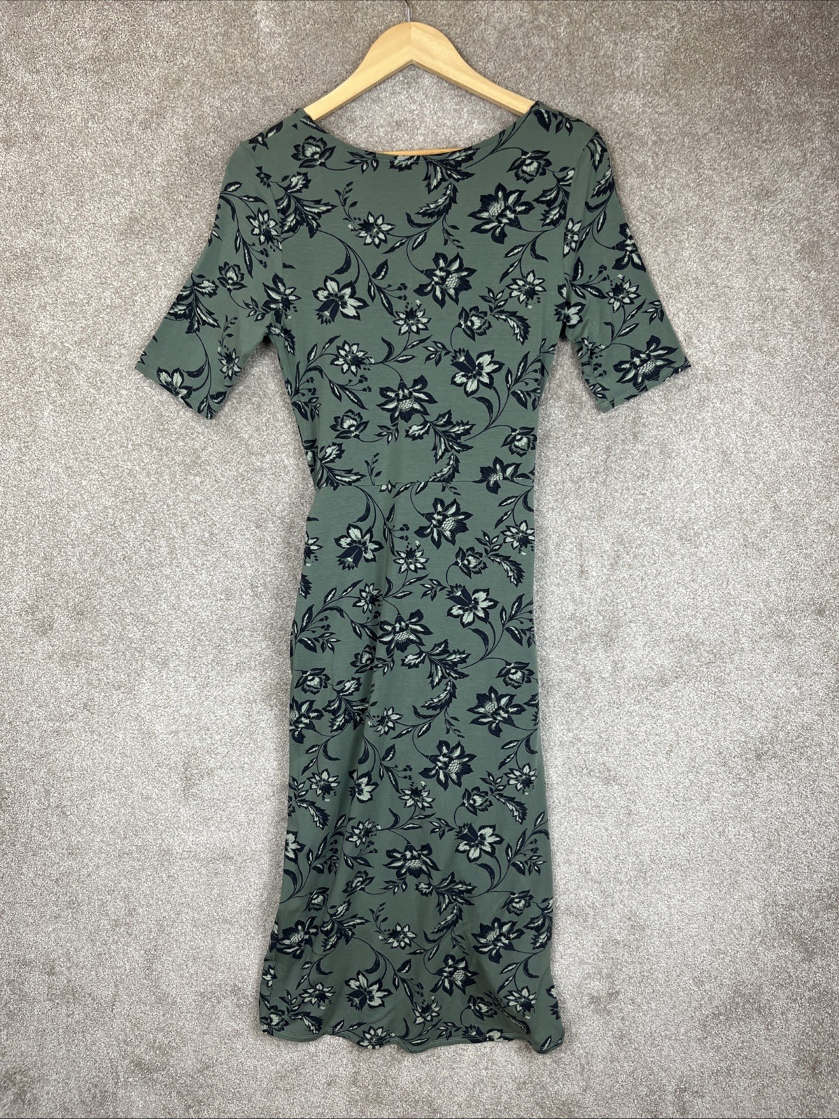 Garnet Hill Dress Womens Small Green Floral Short Sleeve Stretch Side Tie- 4347