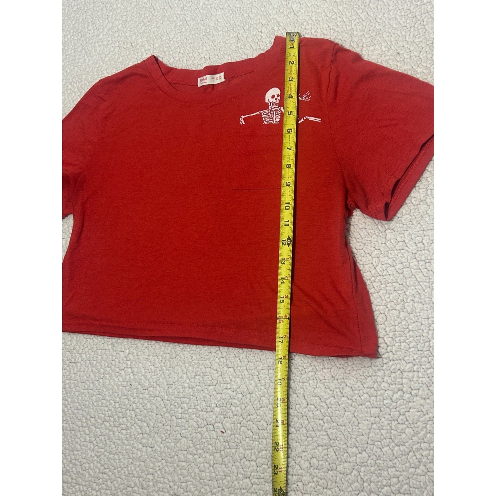 Y2K Halloween Romwe Red Skeleton Pocket Graphic Cropped Tee L