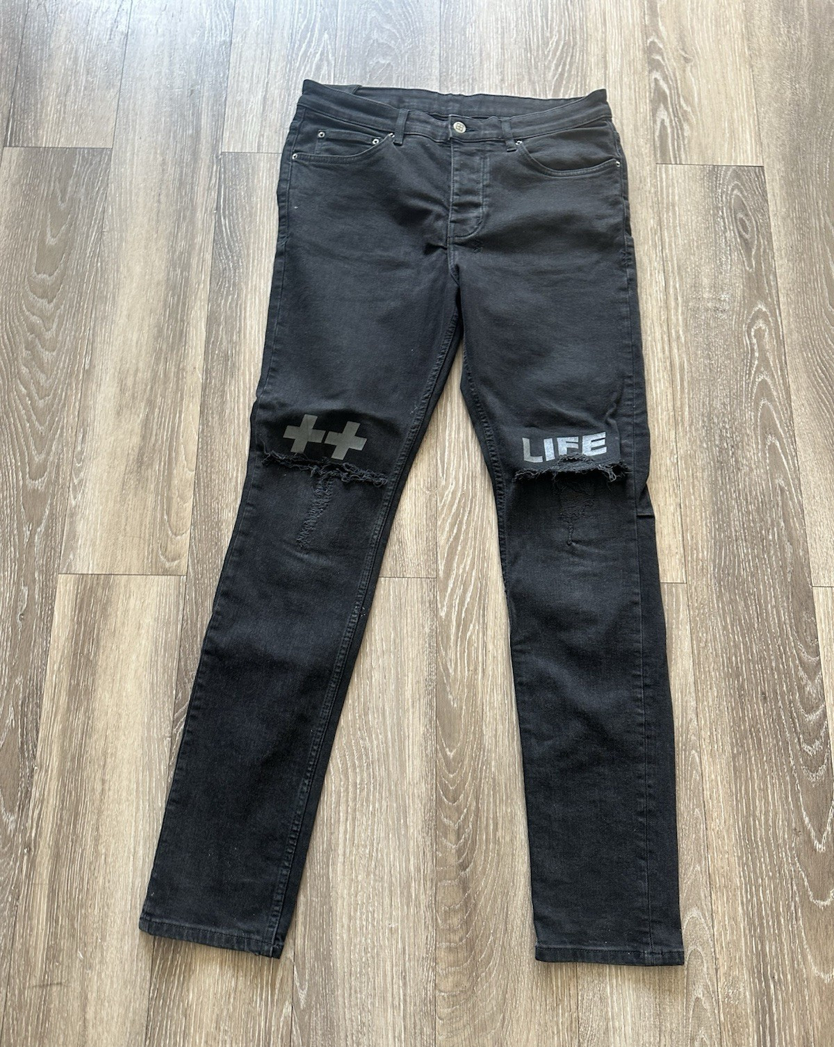 Ksubi Men’s Black Skinny Slim Fit Distressed Logo Denim Jeans Size 34