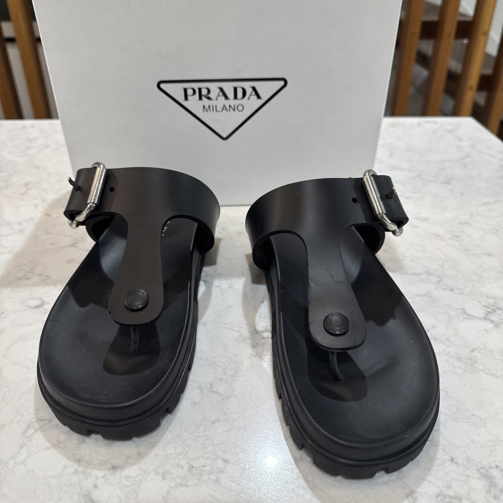 New With box Prada Black Fussbet buckle thong sandals Size 39