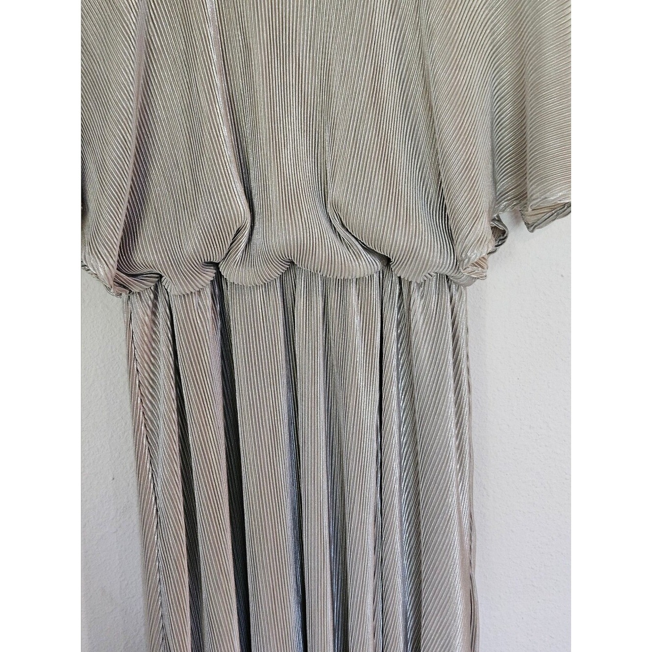 Celadon Cape Metallic Champaigne Pleated Maxi Dress with Front Slit