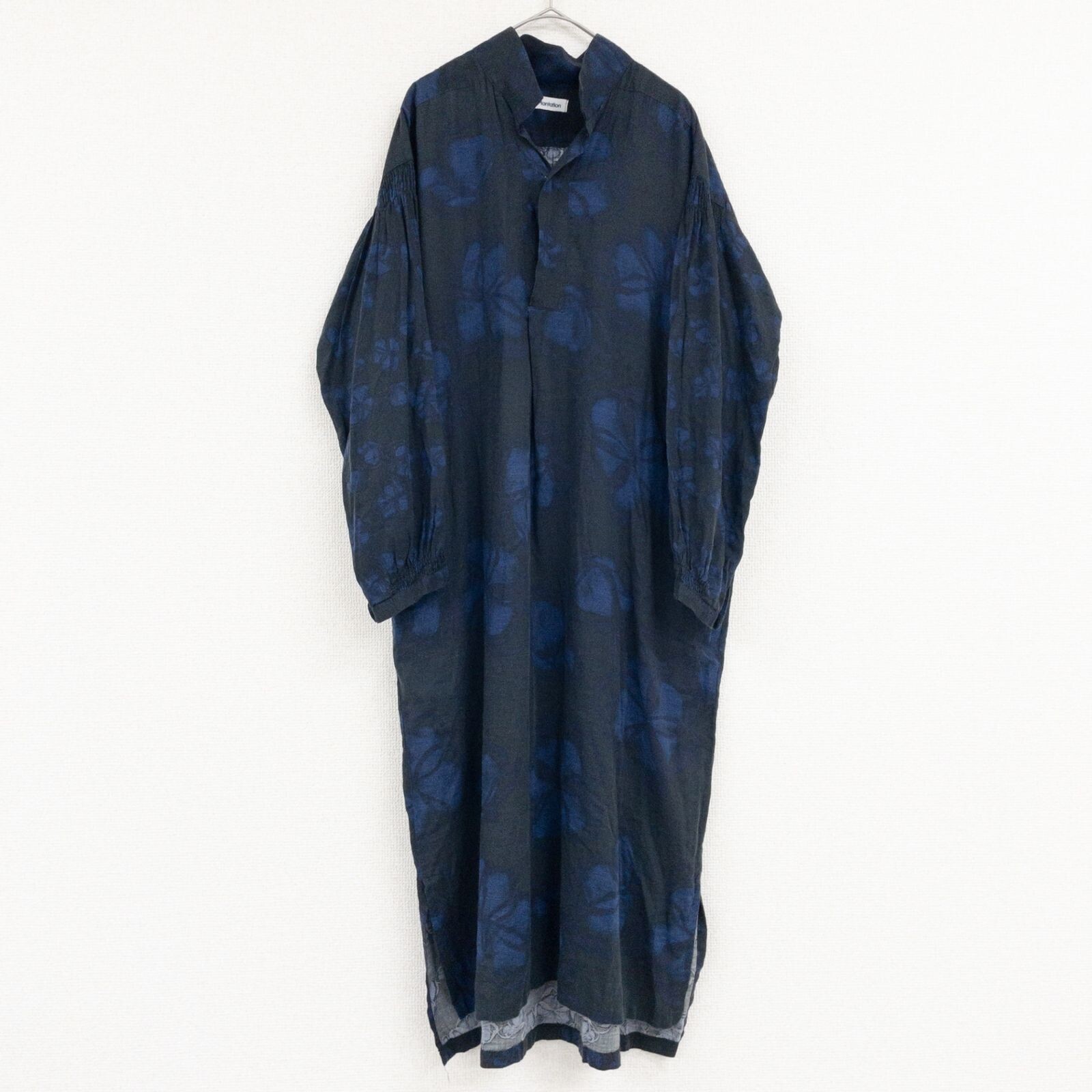 ISSEY MIYAKE Plantation Floral Shirt Dress Long Black Blue Wool Cotton M Auth