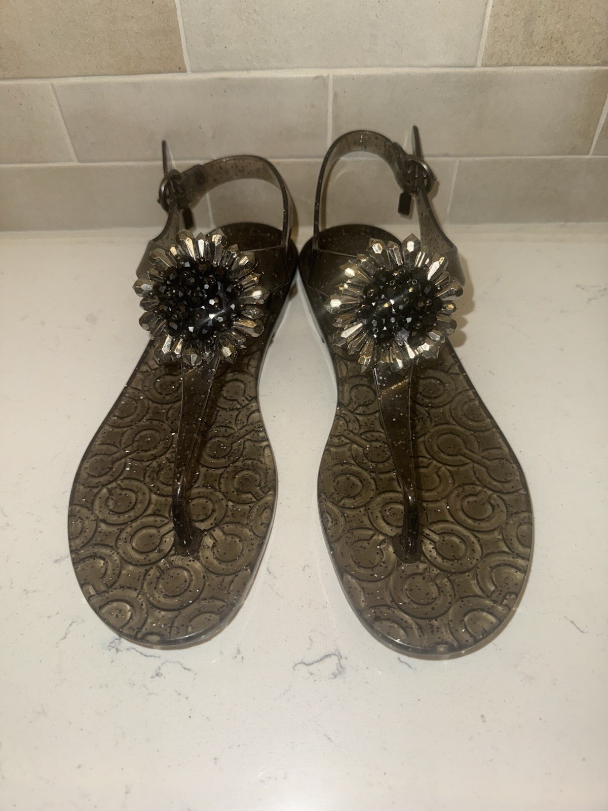 Coach Hilda Jelly Sandals Size 9 Black Embellished Glitter Designer Resortwear