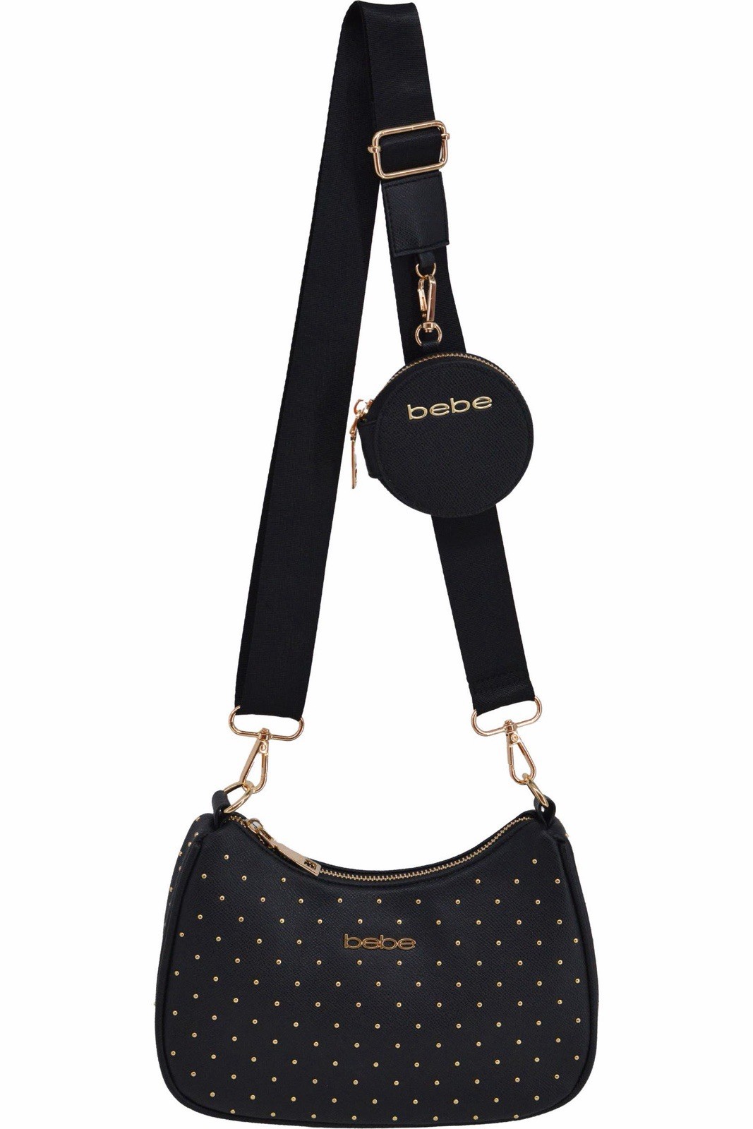 bebe Sagan Studded Crossbody Bag with Zip Pouch in black, brand new with tags