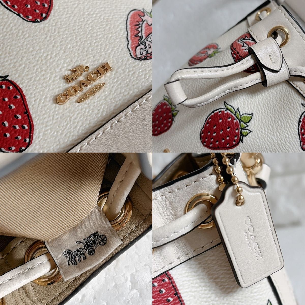 COACH CAL11 Mini Bucket Bag Strawberry Print Canvas Leather White/Red 14×16.5×9