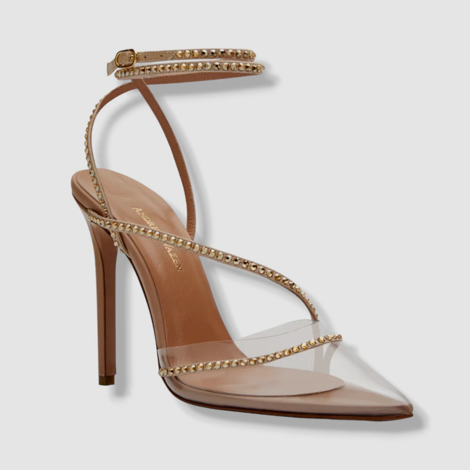 $695 Andrea Wazen Women’s Beige Dassy Sunset PVC Ankle Wrap Pump Heel Shoes 38