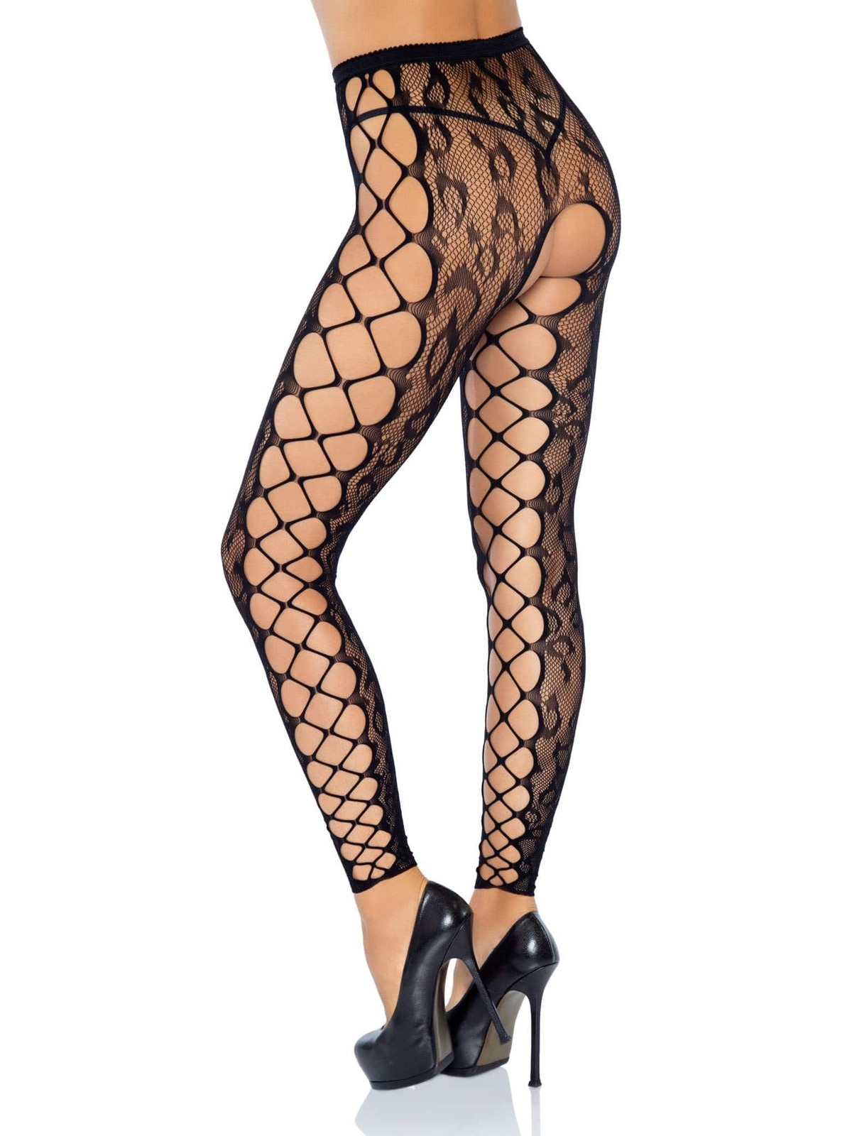 Footless Leopard Lace Crotchless Tights – Black