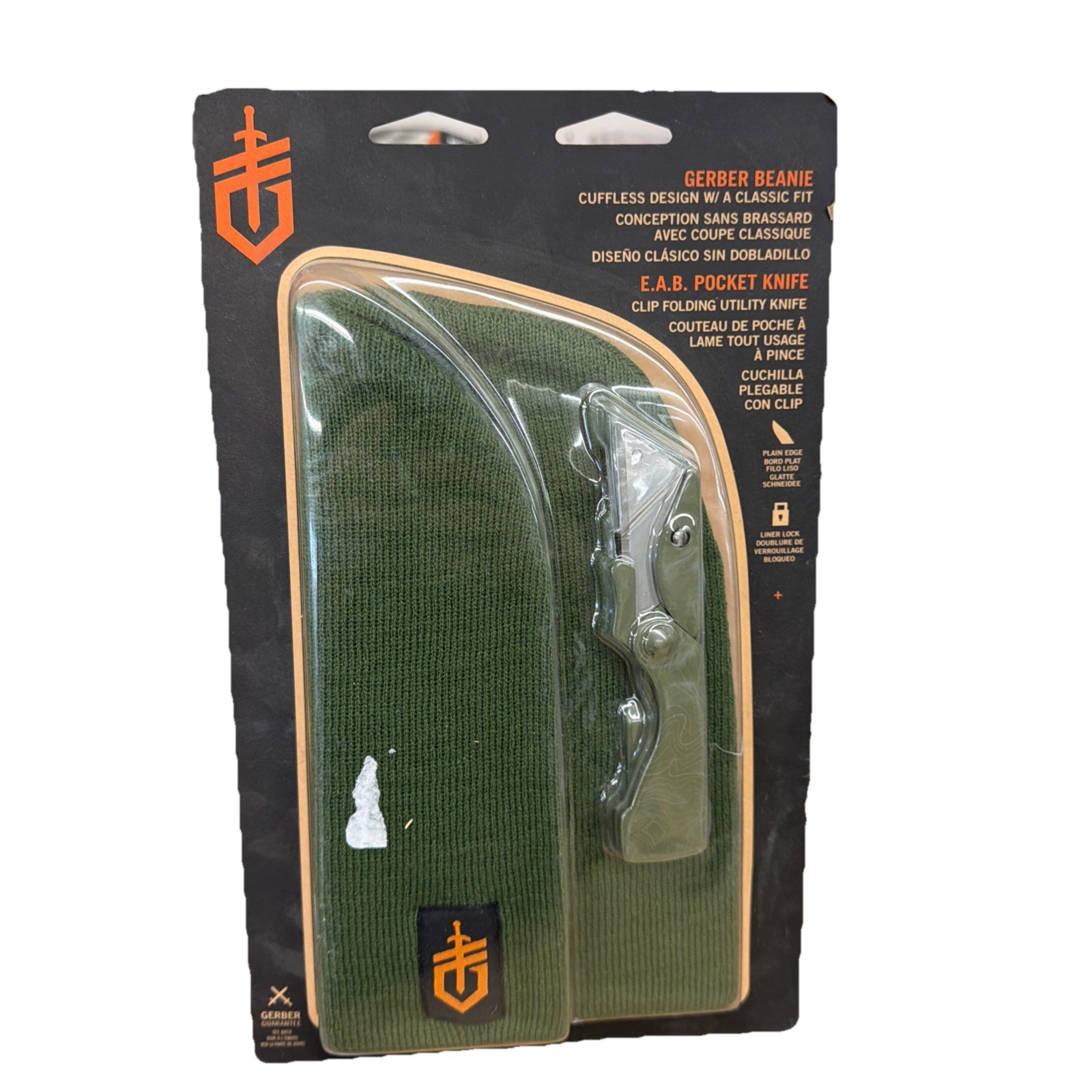 Gerber Cuffless Design Green Beanie & E.A.B. Pocket Knife Gift Set B1