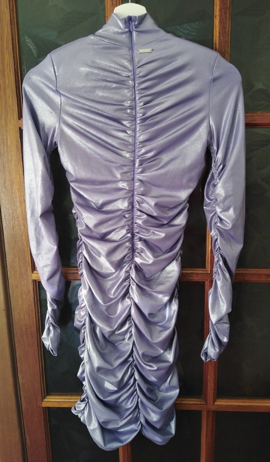 Guess Bodycon Designer Dress Ruched High Neck Womens Uk 4 Stretch Stunning Lilac