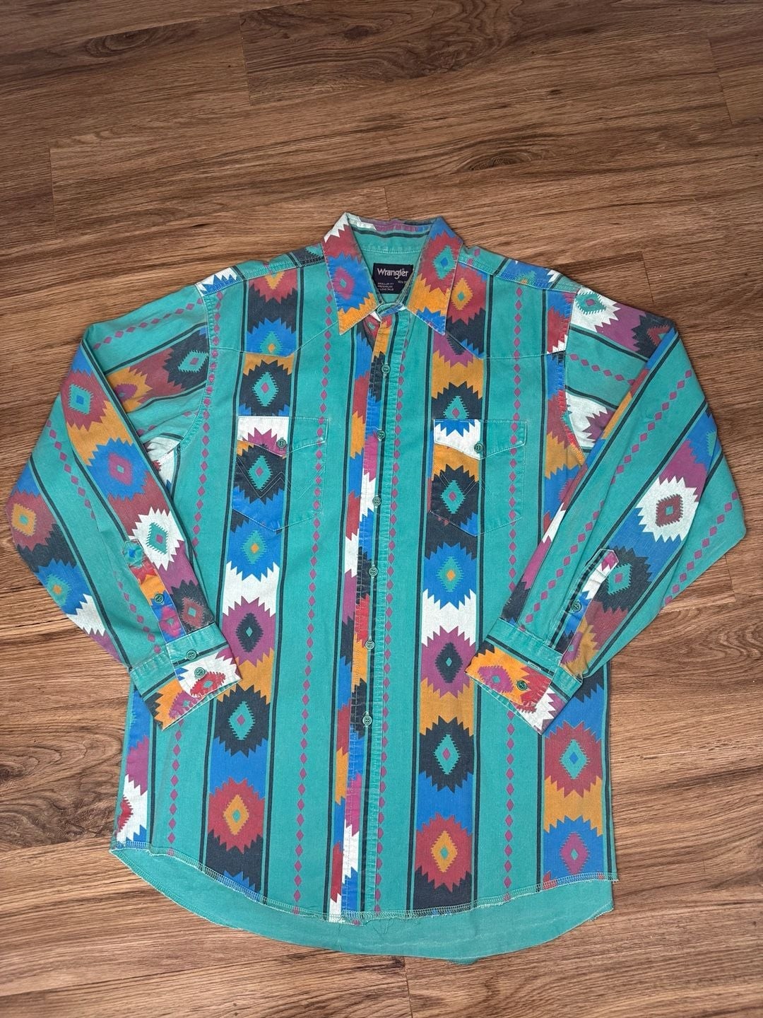 Vintage Wrangler Brushpopper Western Shirt Aztec Geometric Print Teal LongSleeve