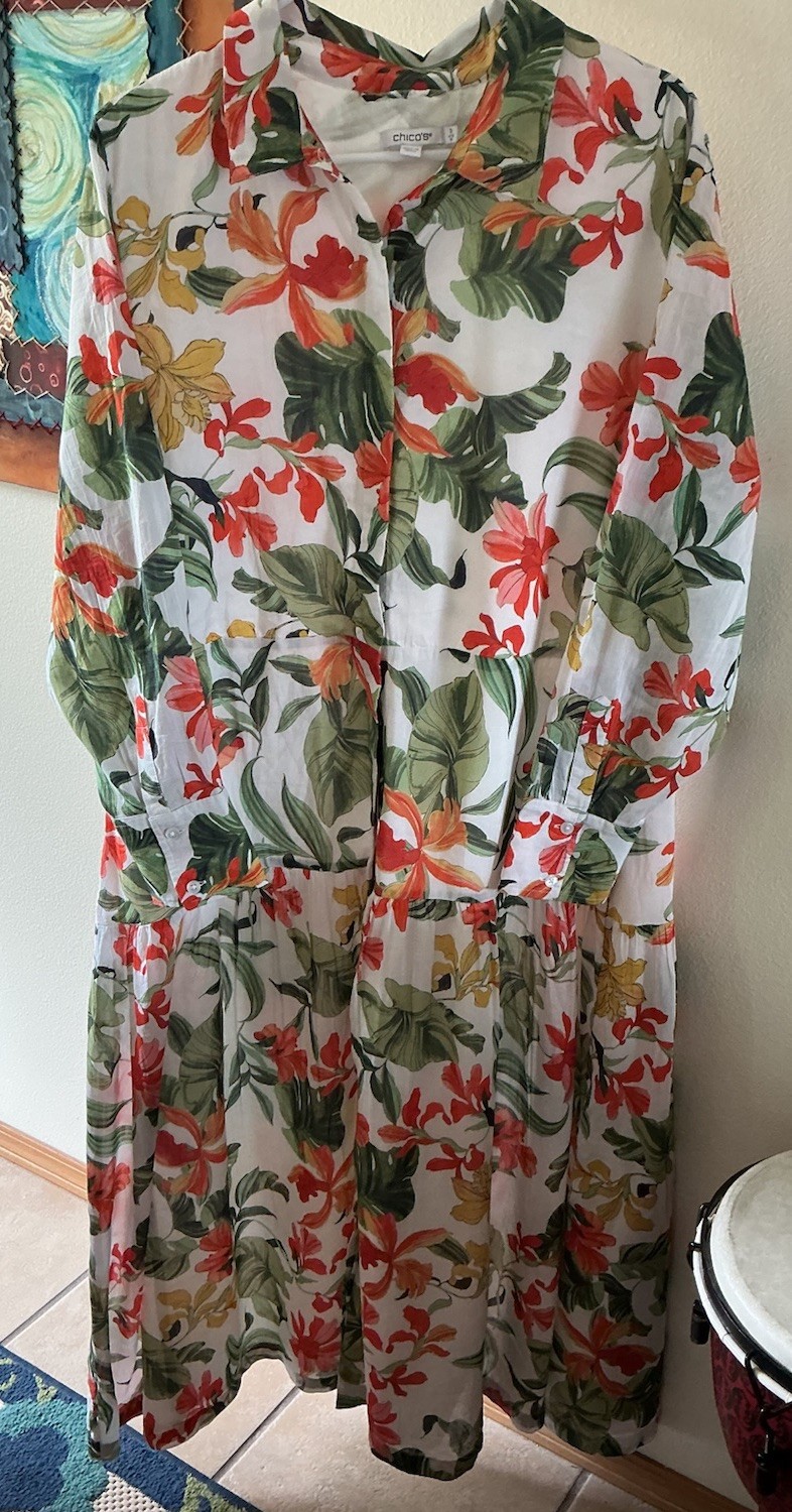 Chico’s Floral Button Front Silk Shirt Maxi Dress Size 3 XL Long Sleeve A-Line