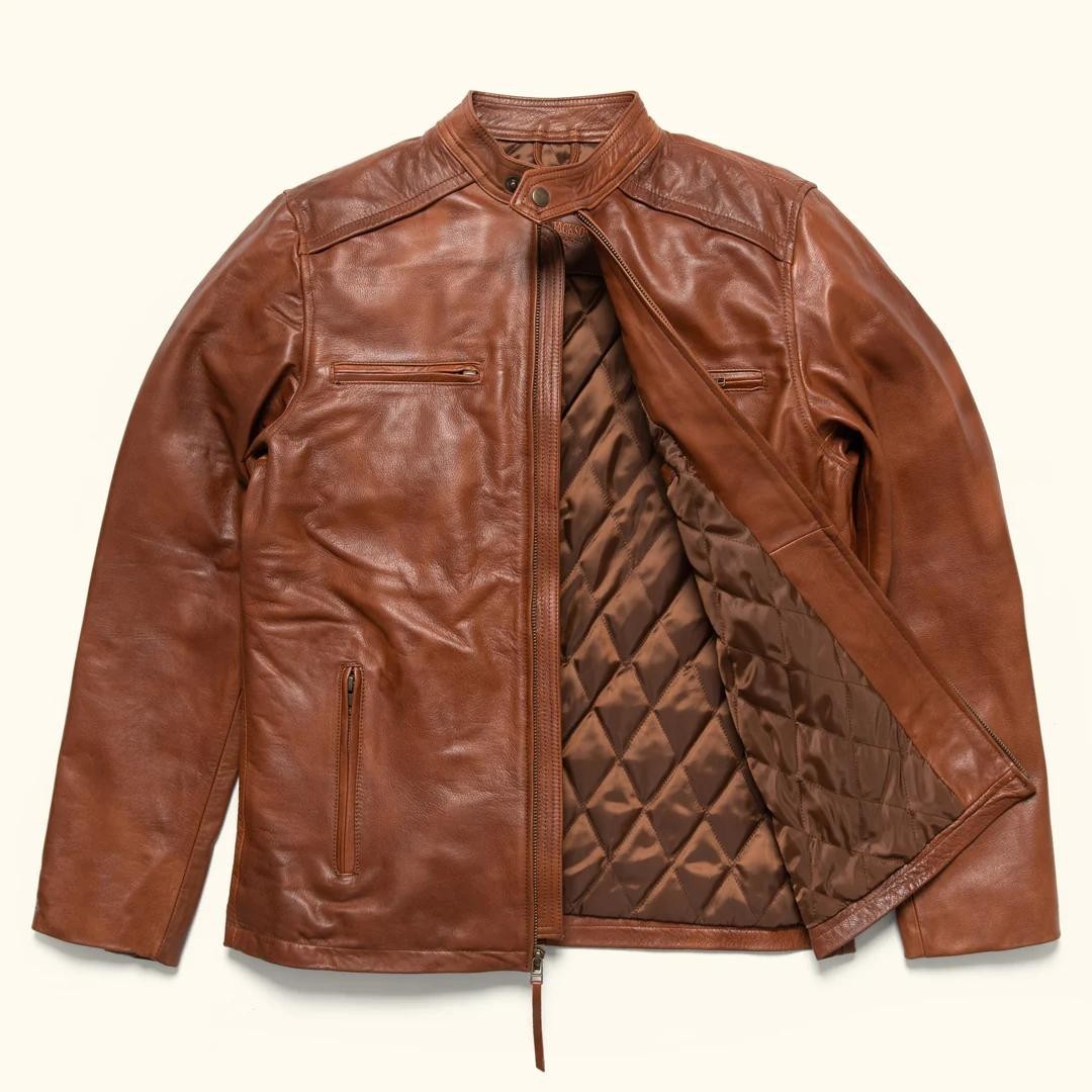 Men’s Real Leather Jacket Genuine Cafe Racer Biker Slim Fit Motorcycle Coat