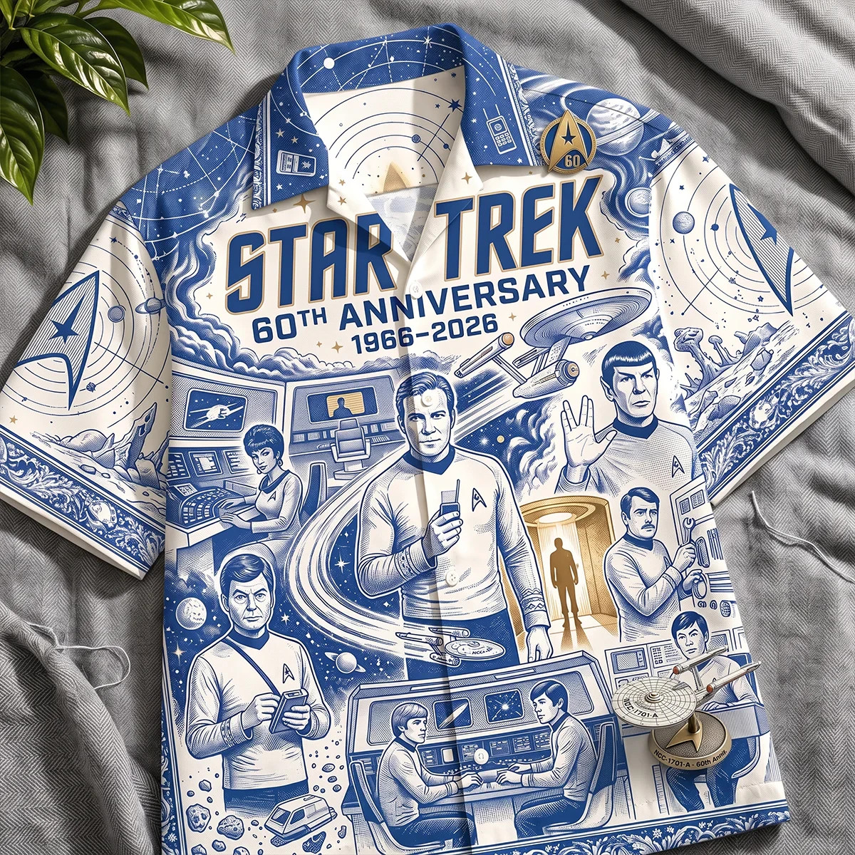 Star Trek 60th Anniversary Hawaiian Shirt Captain Kirk Spock Men Button Down