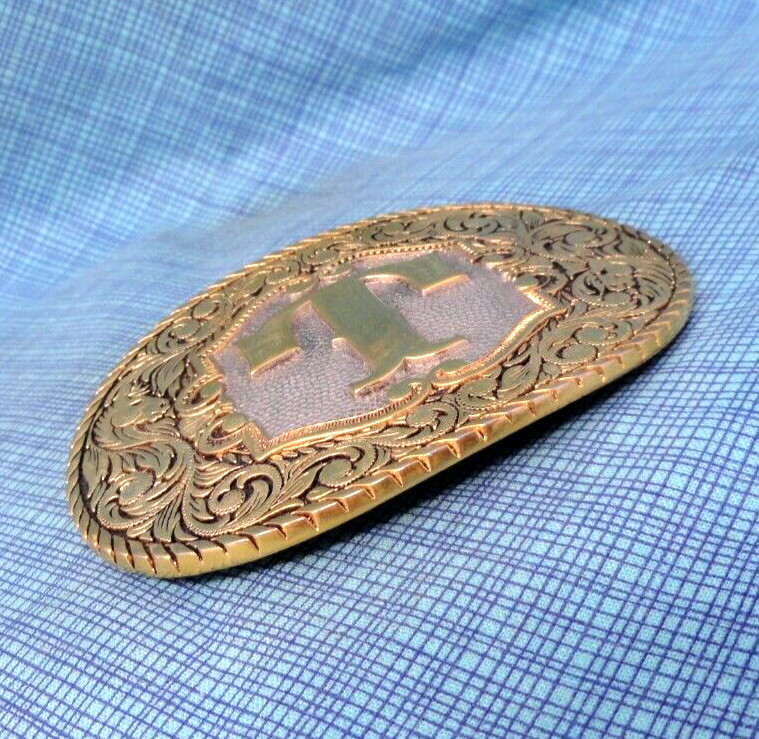 T Belt Buckle Western Initial T Monogram 22KGP Vtg Award Design Medals .NOX743