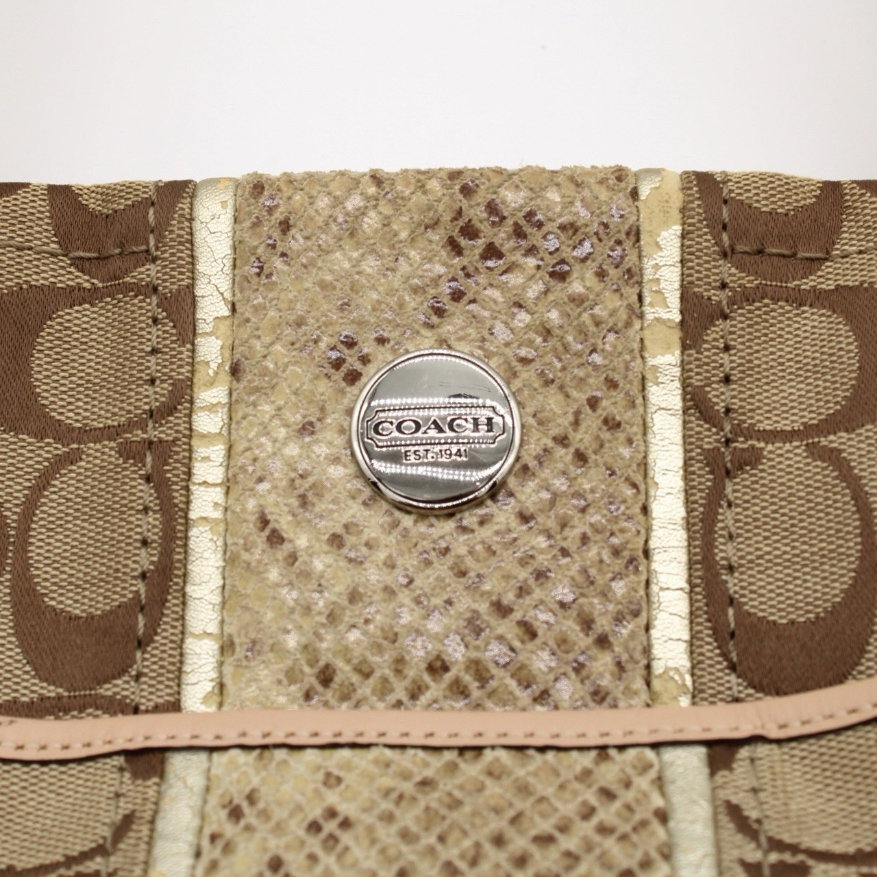 COACH Signature Canvas Leather Tote Bag Beige Brown Snakeskin Embossed Silver