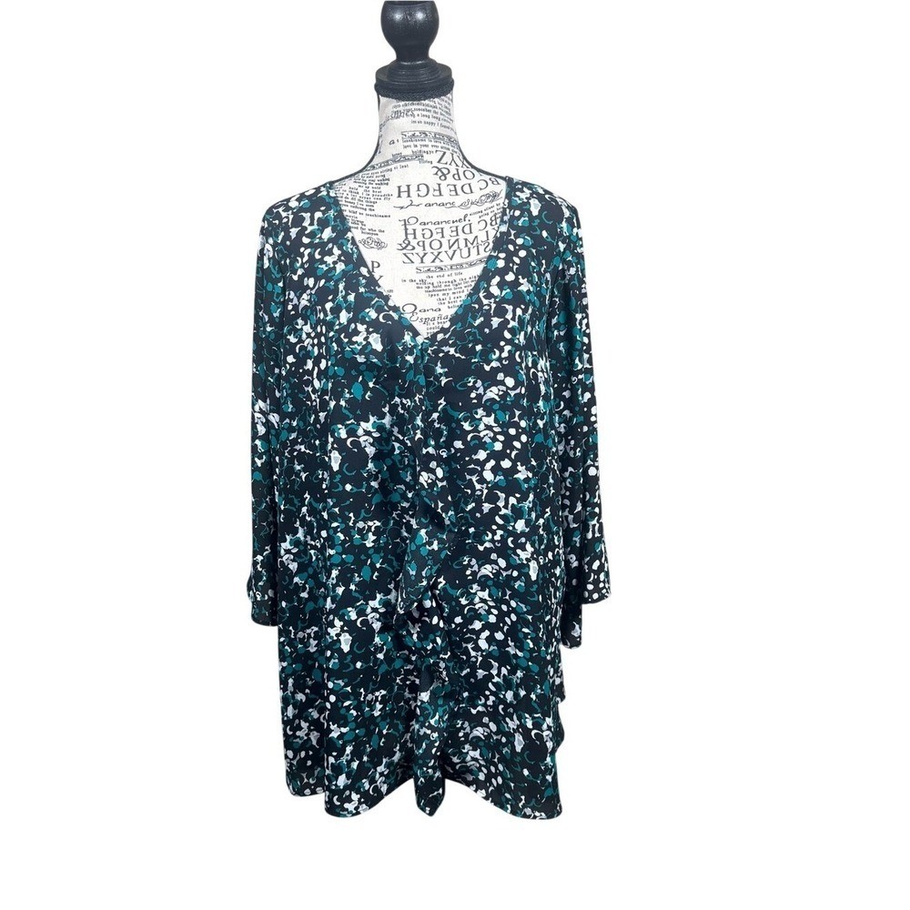 Avenue Black, Teal & White Abstract Floral Blouse