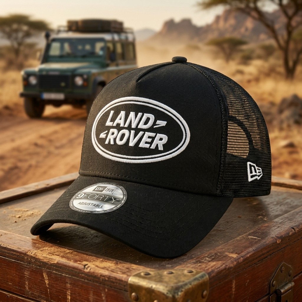 Land Rover Logo Embroidered 9FORTY Trucker Hat Black Mesh Snapback Cap