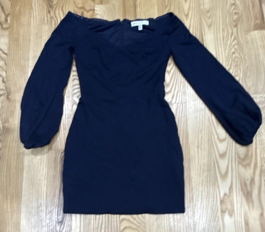 Dress the Population Navy Off Shoulder Ruched Balloon Sleeve Bodycon Dress XXS