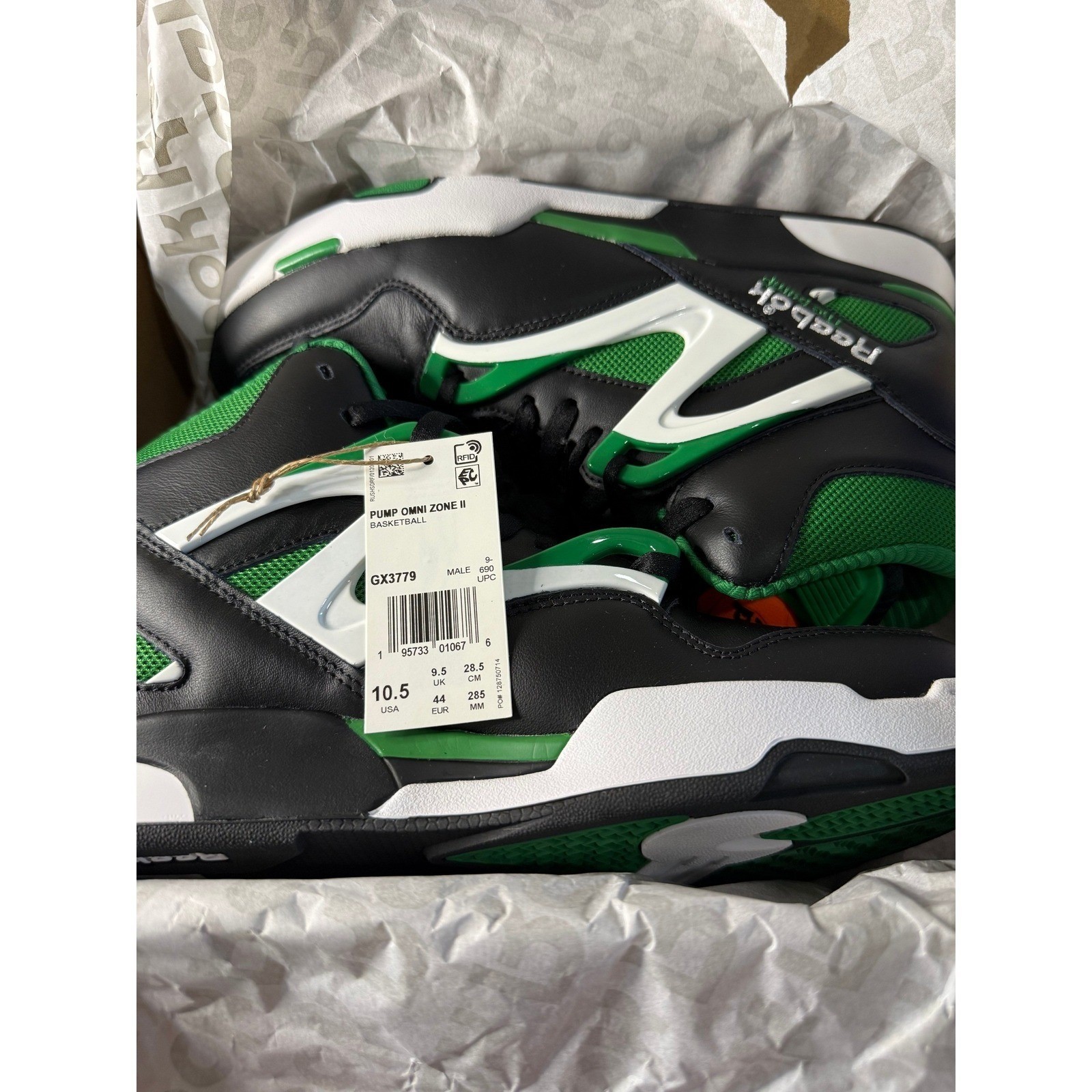 Reebok Pump Omni Zone II Mens 10.5 Black Green New GX3779 Hexalite Basketball