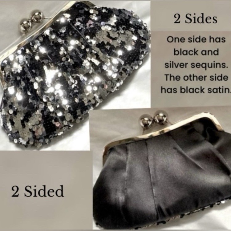 Black/Silver Sequin Clutch Purse, Kiss Lock, Detachable Silver Chain Strap
