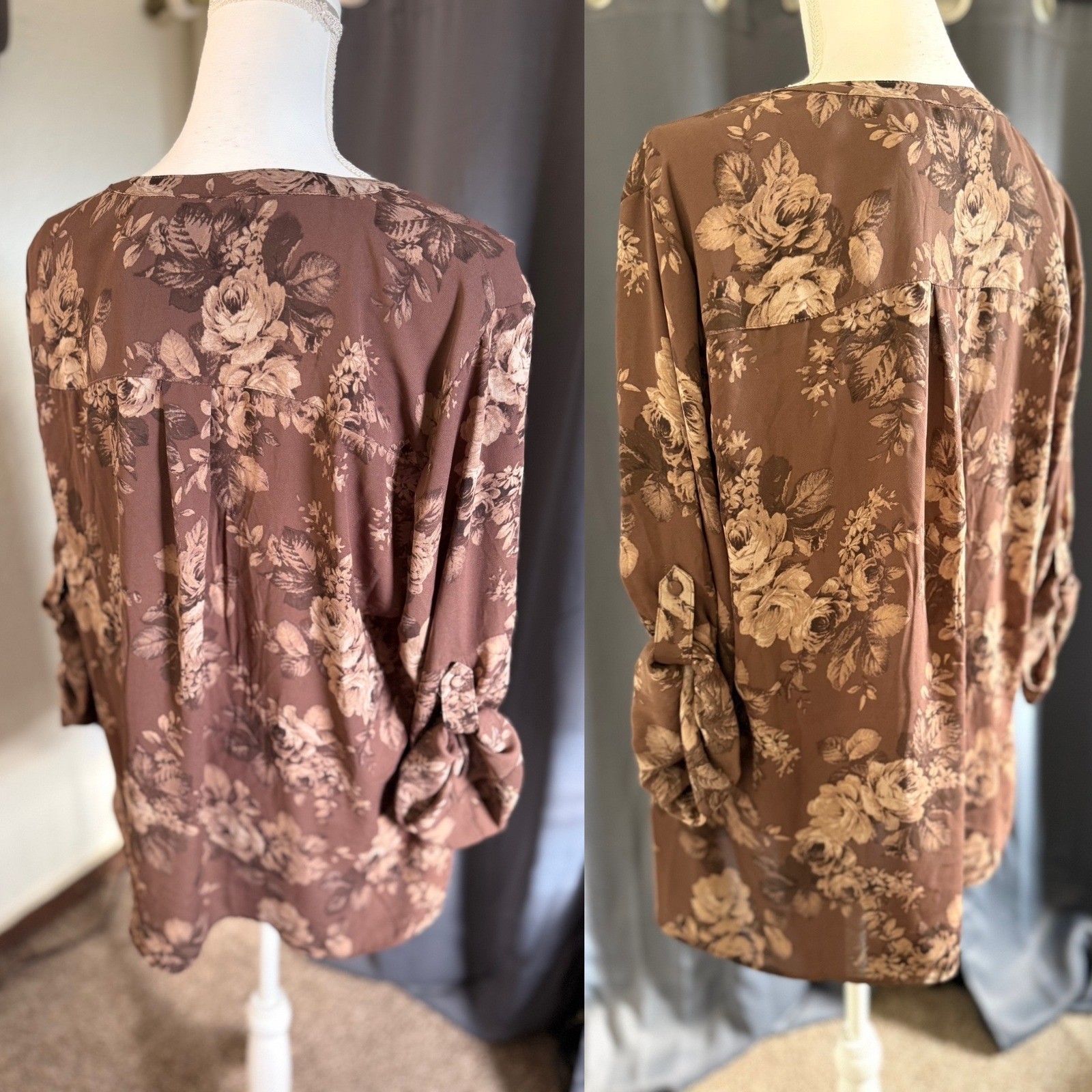 Torrid Harper Blouse 2 Brown Floral Rose Georgette Roll Tab Pullover Top nwt