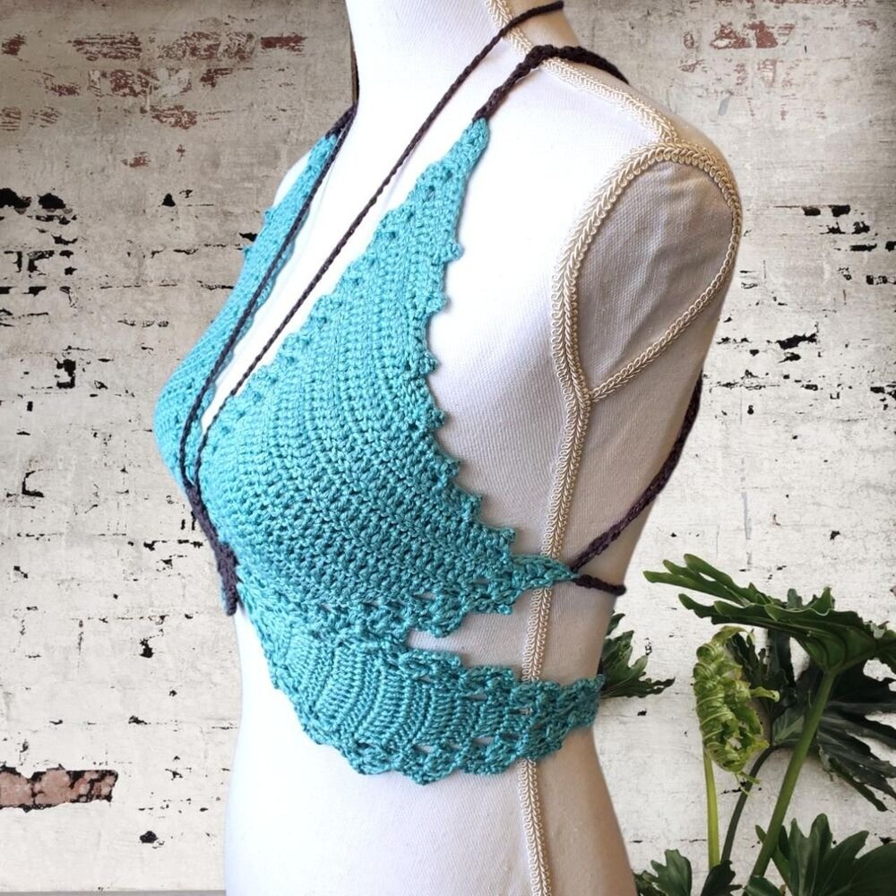 Handmade Crochet Butterfly Crop Top – Green & dark gray – Festival Fit